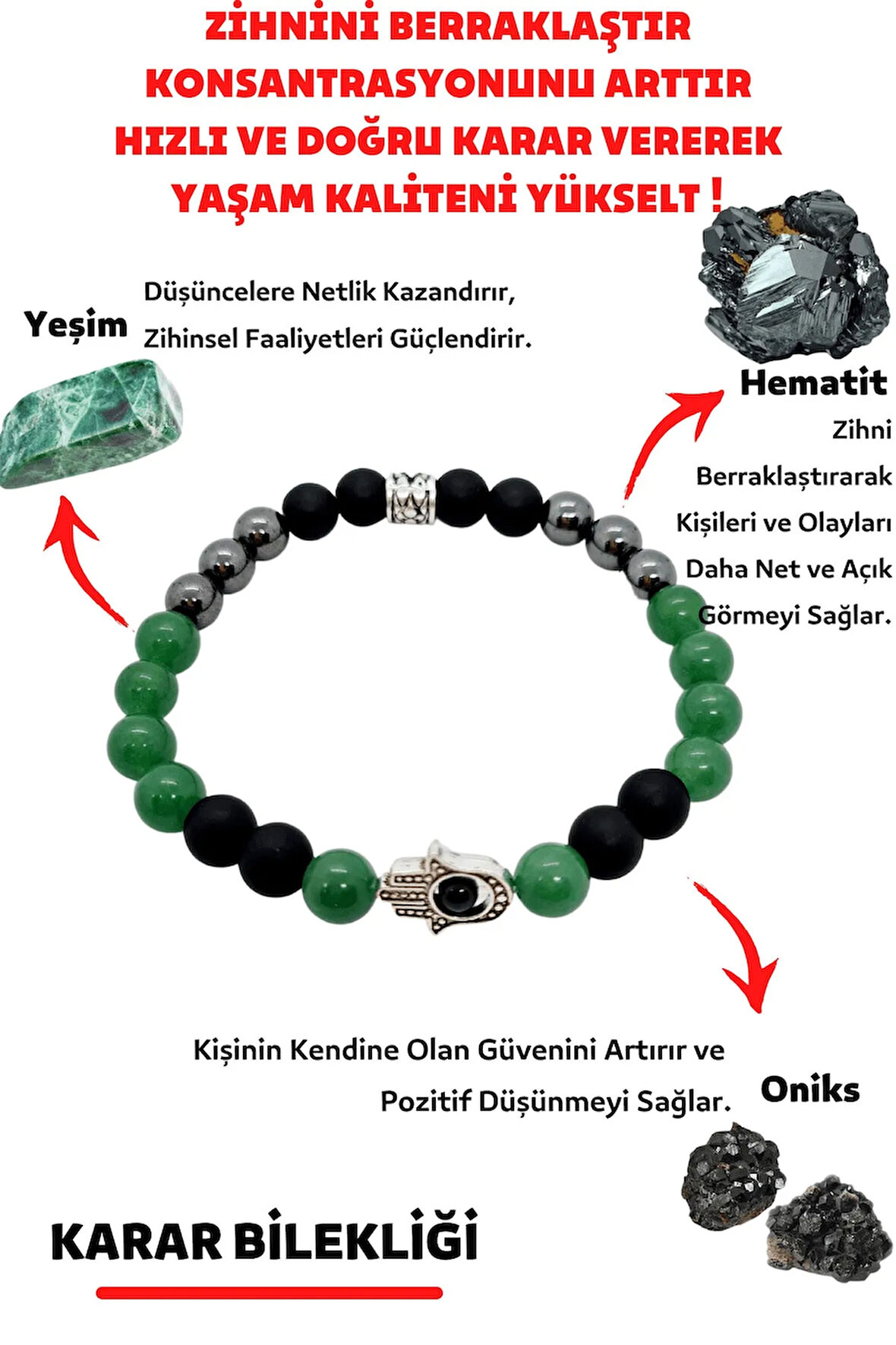 Doğru Karar Verme Doğaltaş Unisex Tılsım Bilekliği Onix Hematit Yeşim Kadın Erkek Doğal Taş Bileklik