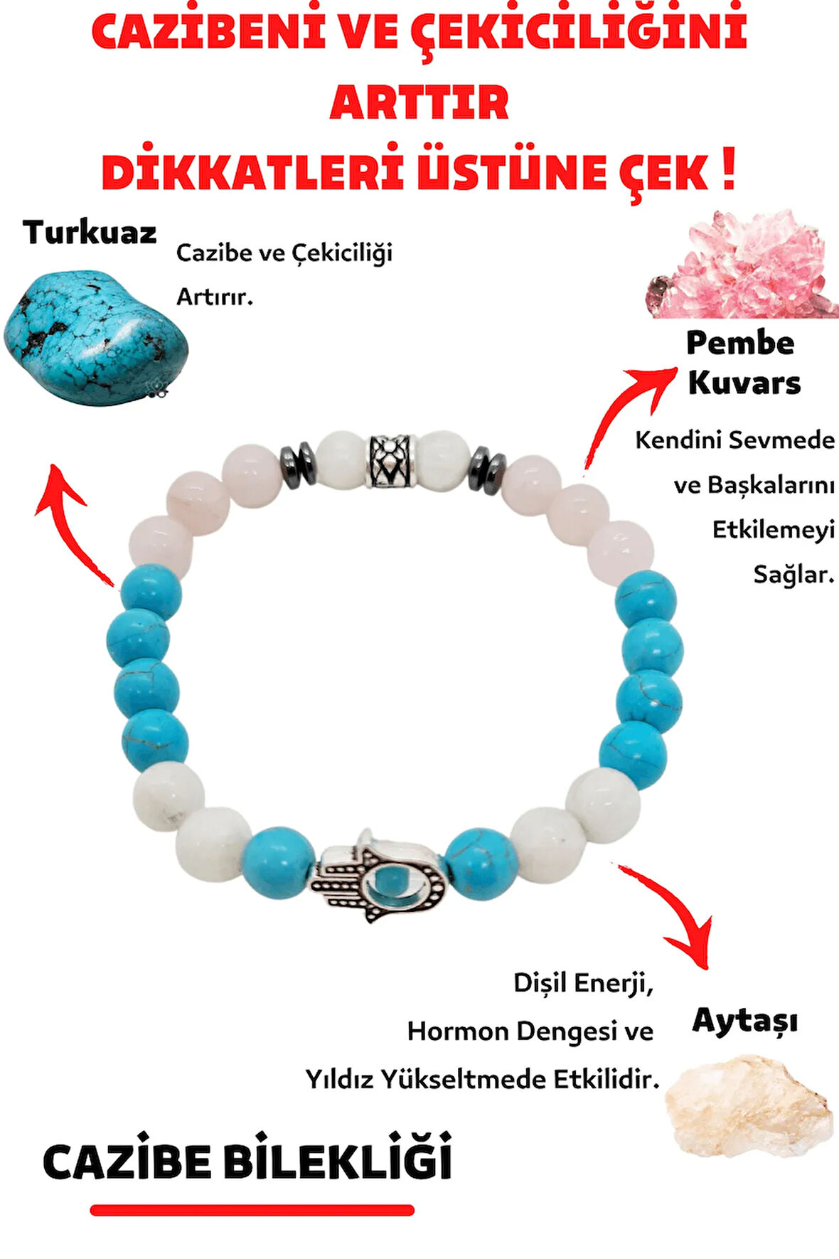 Doğaltaş Kadın Cazibe Tılsım Bilekliği (AYTAŞI PEMBE KUVARS TURKUAZ DOĞAL TAŞ BİLEKLİK)