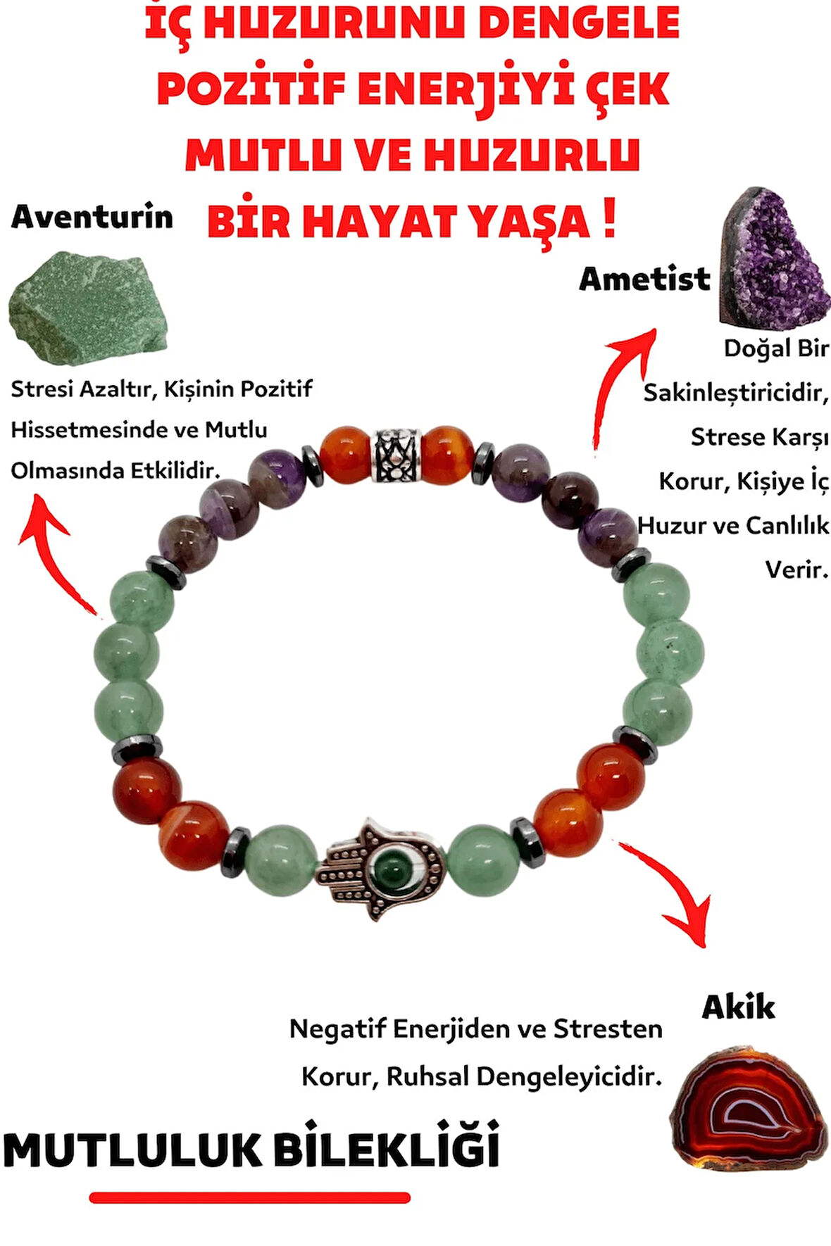 Mutluluk Iç Huzur Pozitif Enerji Doğal Taş Tılsım Bilekliği Ametist Aventurin Akik Doğaltaş Bileklik