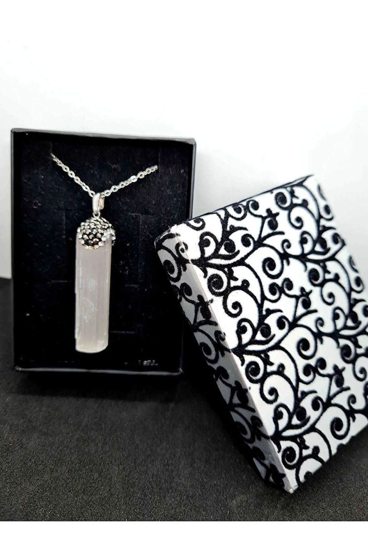 Selenit Doğal Taş Kolye Zirkon Taşlı