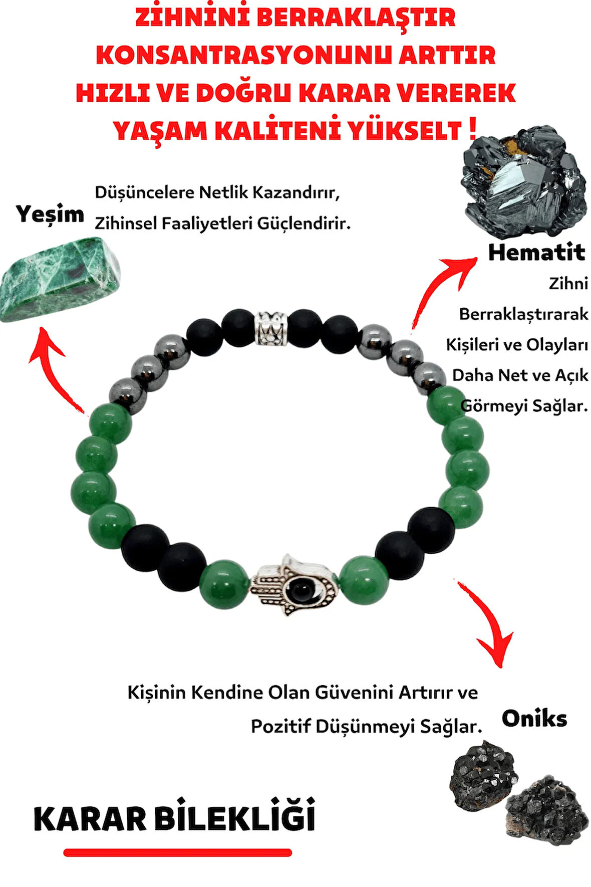 Doğru Karar Verme Doğaltaş Unisex Tılsım Bilekliği Onix Hematit Yeşim Kadın Erkek Doğal Taş Bileklik