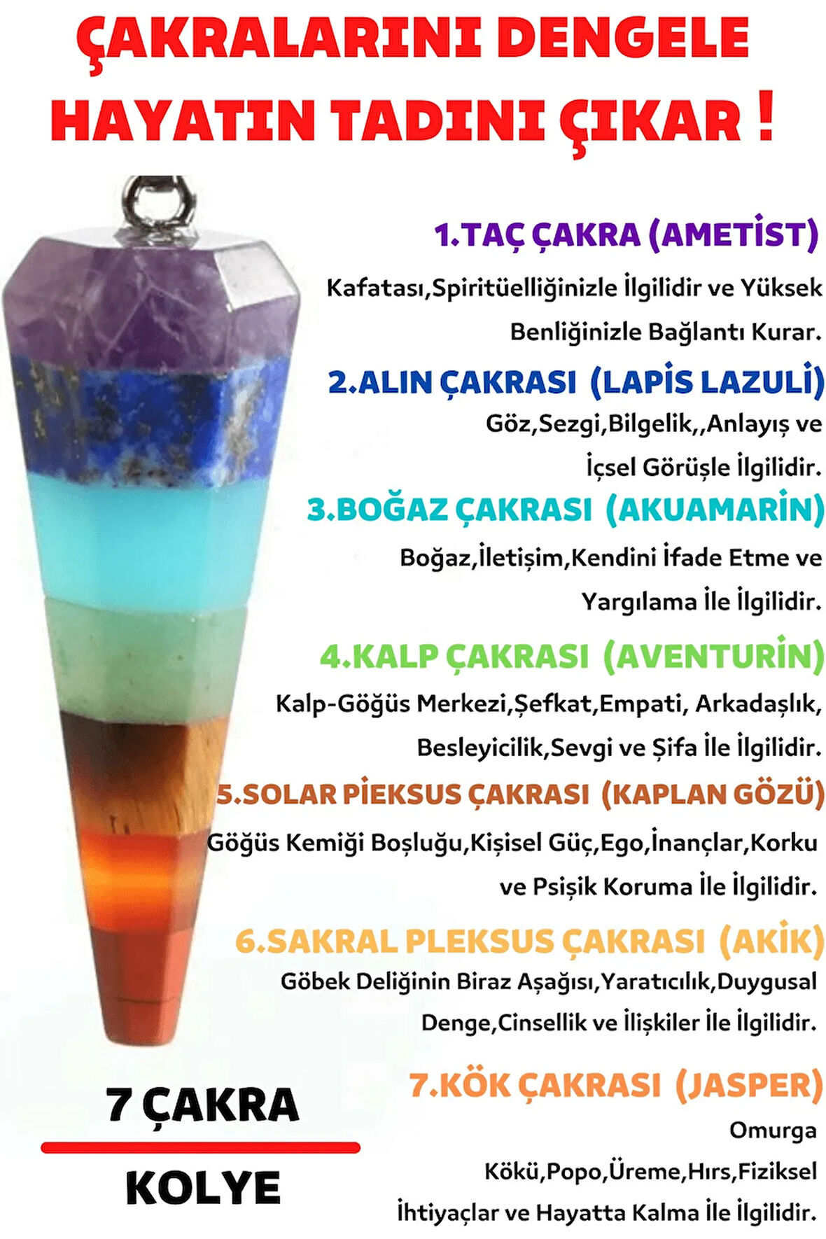 Pandül Kesim 7 Çakra Doğal Taş Kadın Kolye