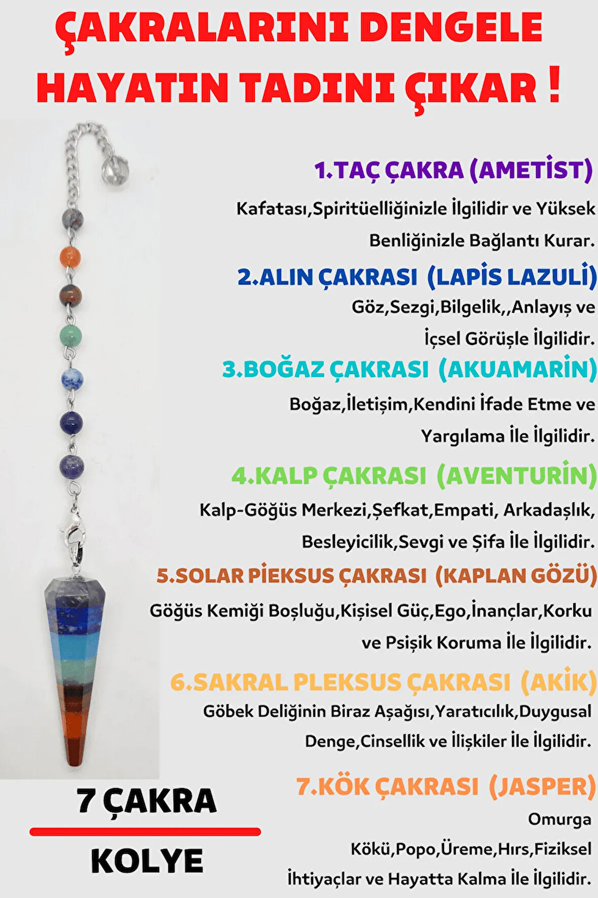 Pandül Kesim 7 Çakra Doğal Taş Kadın Kolye Sarkaç Özel Tasarım Kolye Zinciri Hediyeli