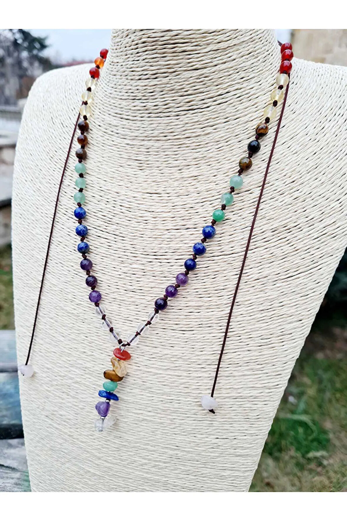 Doğal Taş 7 Çakra Kolye Akik Sitrin Kaplan Gözü Aventurin Lapis Lazuli Ametist Kristal Pembe Kuvars