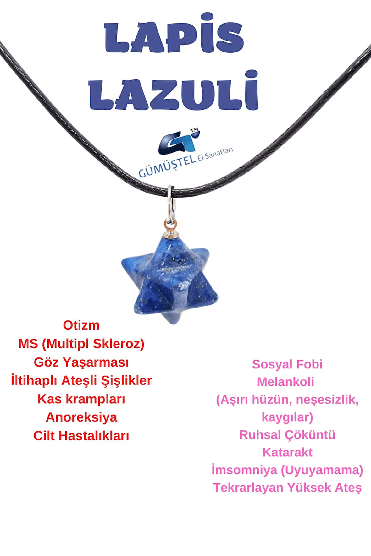 Lapis Lazuli Doğal Taş Kolye Özel Kesim Zincir Hediyeli
