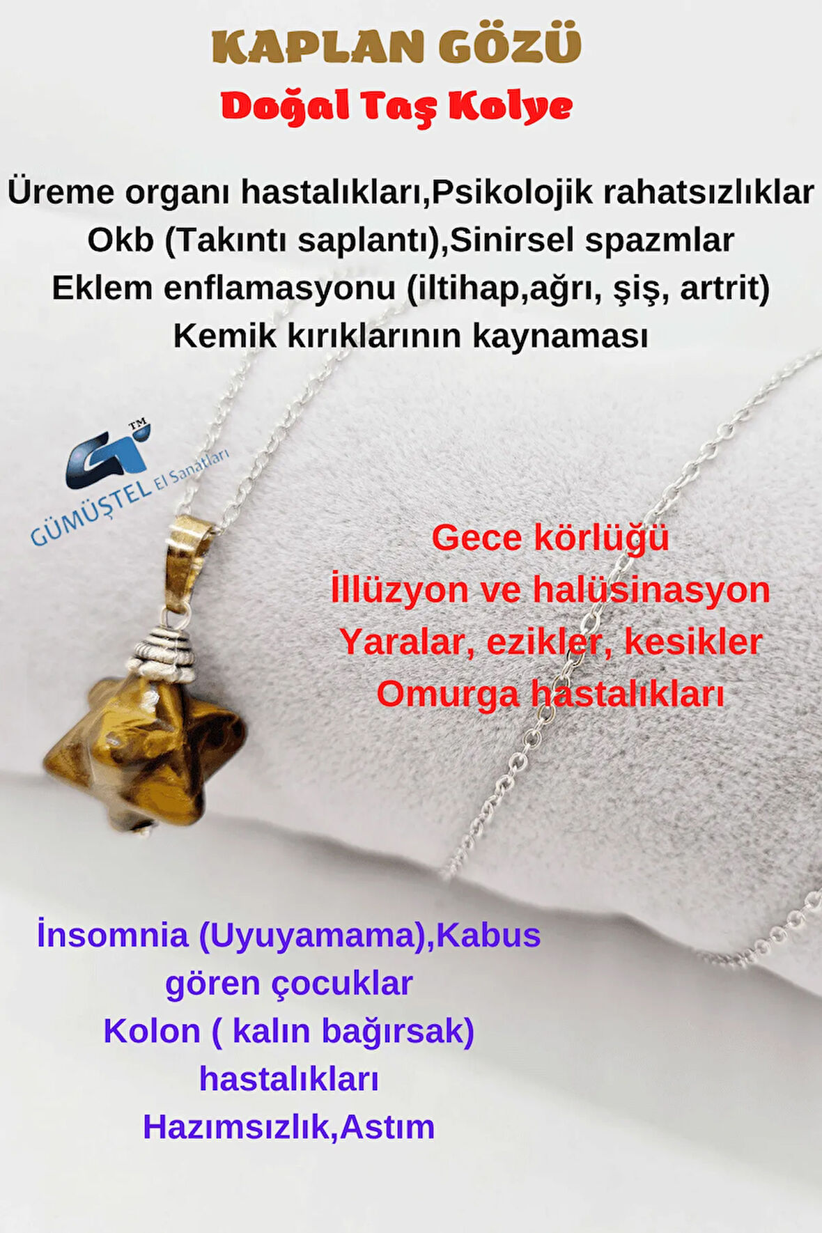 Kaplan Gözü Doğal Taş Kolye Özel Kesim Zincir Hediyeli