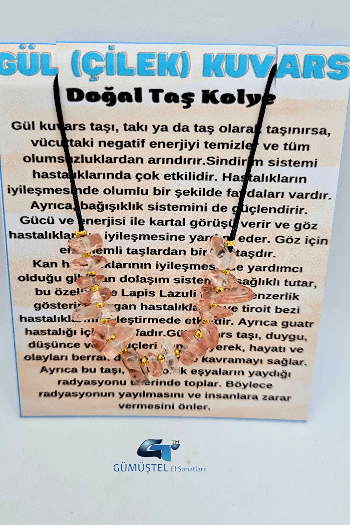 Gül Kuvars (Çilek Kuvars) Taşı Tasarım Kolye Ayarlanabilir Orijinal Doğal Taş Çok Fonksiyonlu Kolye