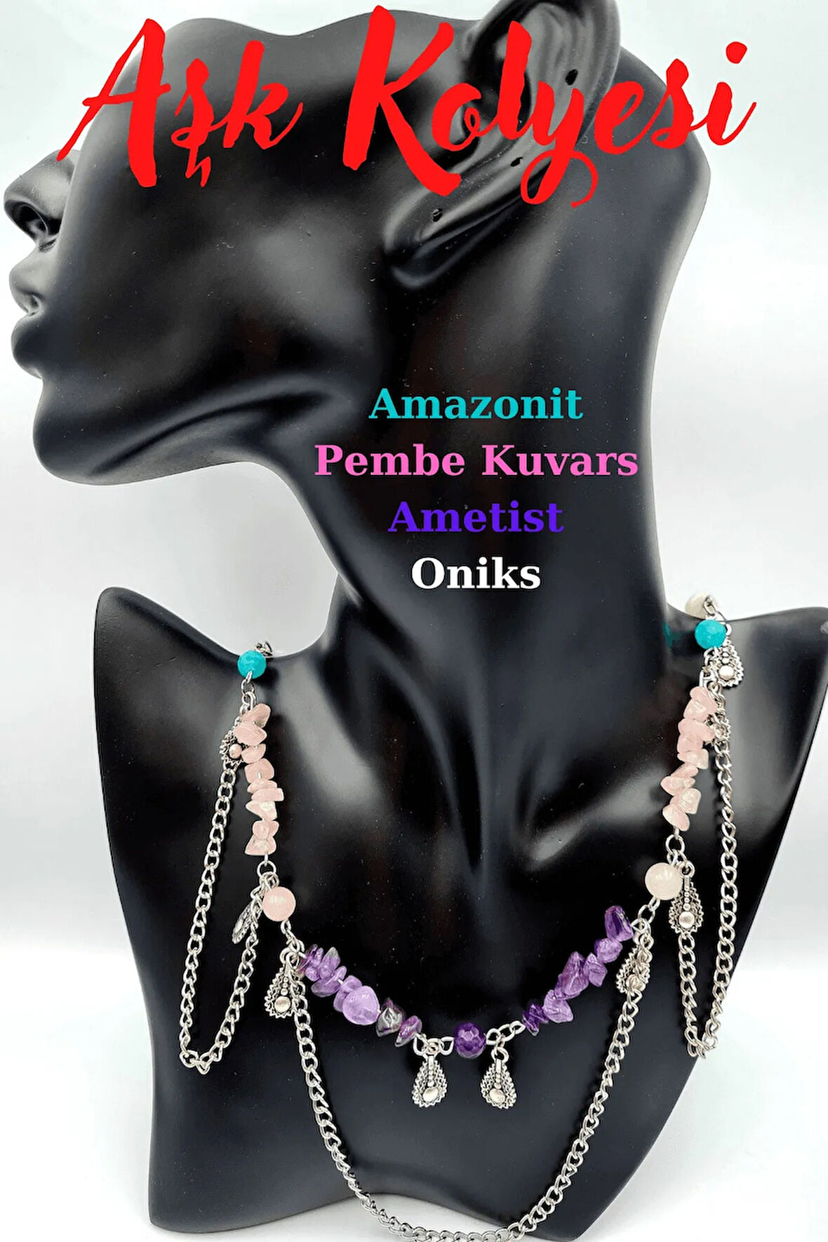 Aşk Kolyesi Doğal Taş Ametist Pembe Kuvars Amazonit Özel Tasarım