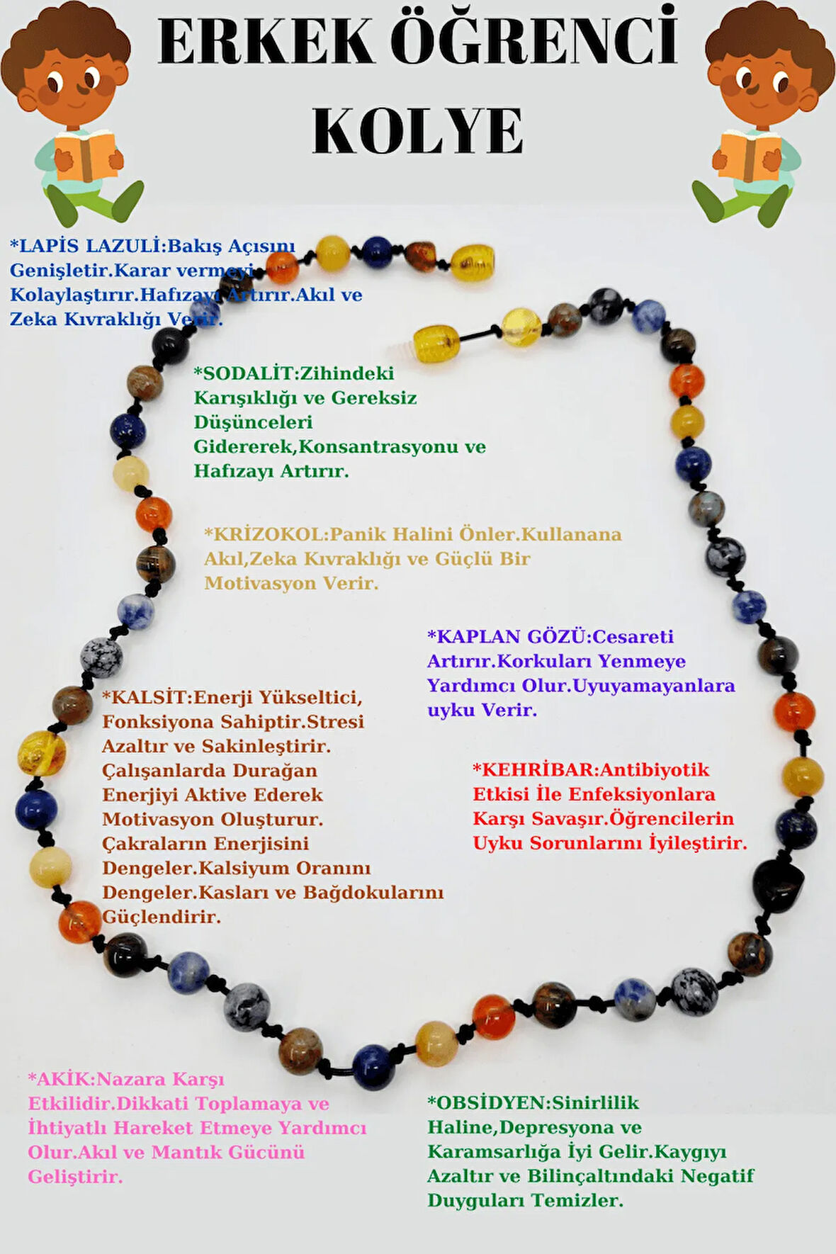 Sertifikalı Erkek Öğrenci Kolyesi Lapis Lazuli Kehribar Sodalit Kalsit K Gözü Krizokol Akik Obsidyen