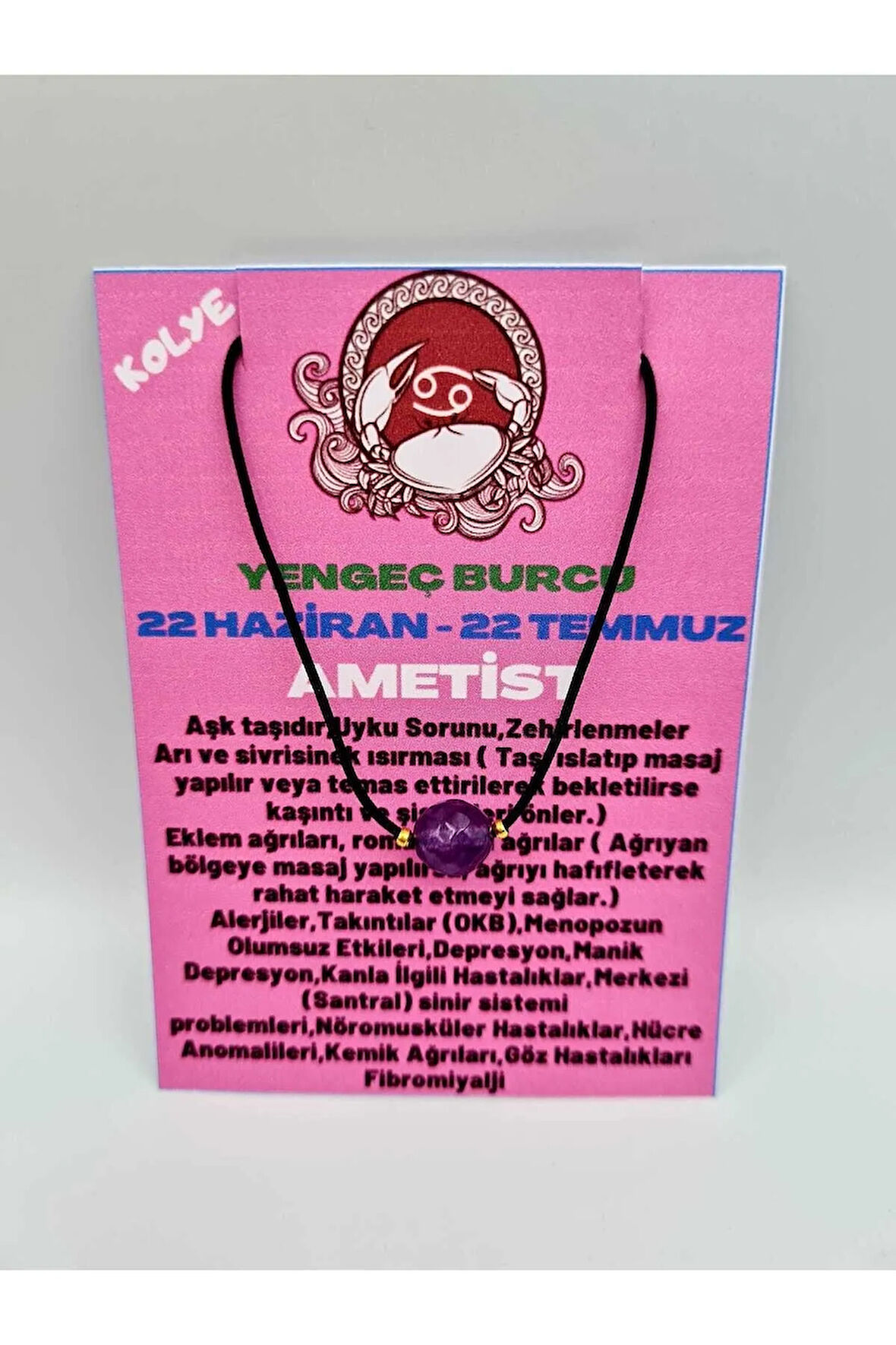 Yengeç Burcu Ametist Taşı Doğal Taş Kolye