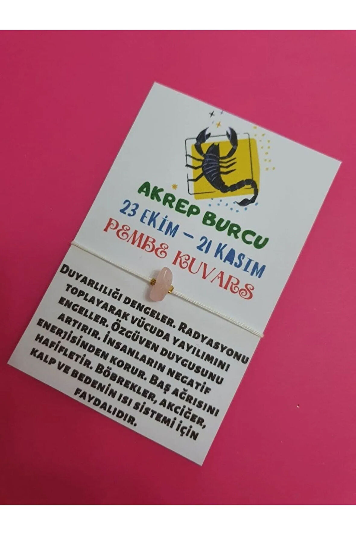 Akrep Burcu Pembe Kuvars Doğal Taşlı İp Burç Bilekliği