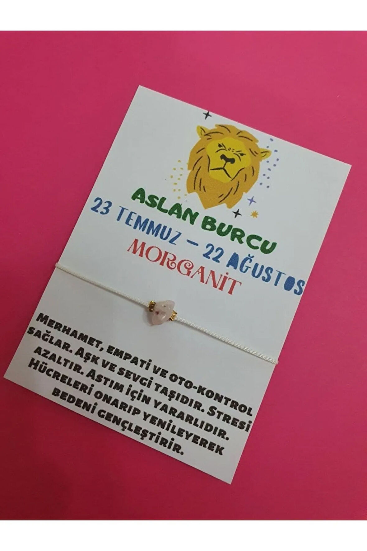 Aslan Burcu Morganit Doğal Taşlı İp Burç Bilekliği