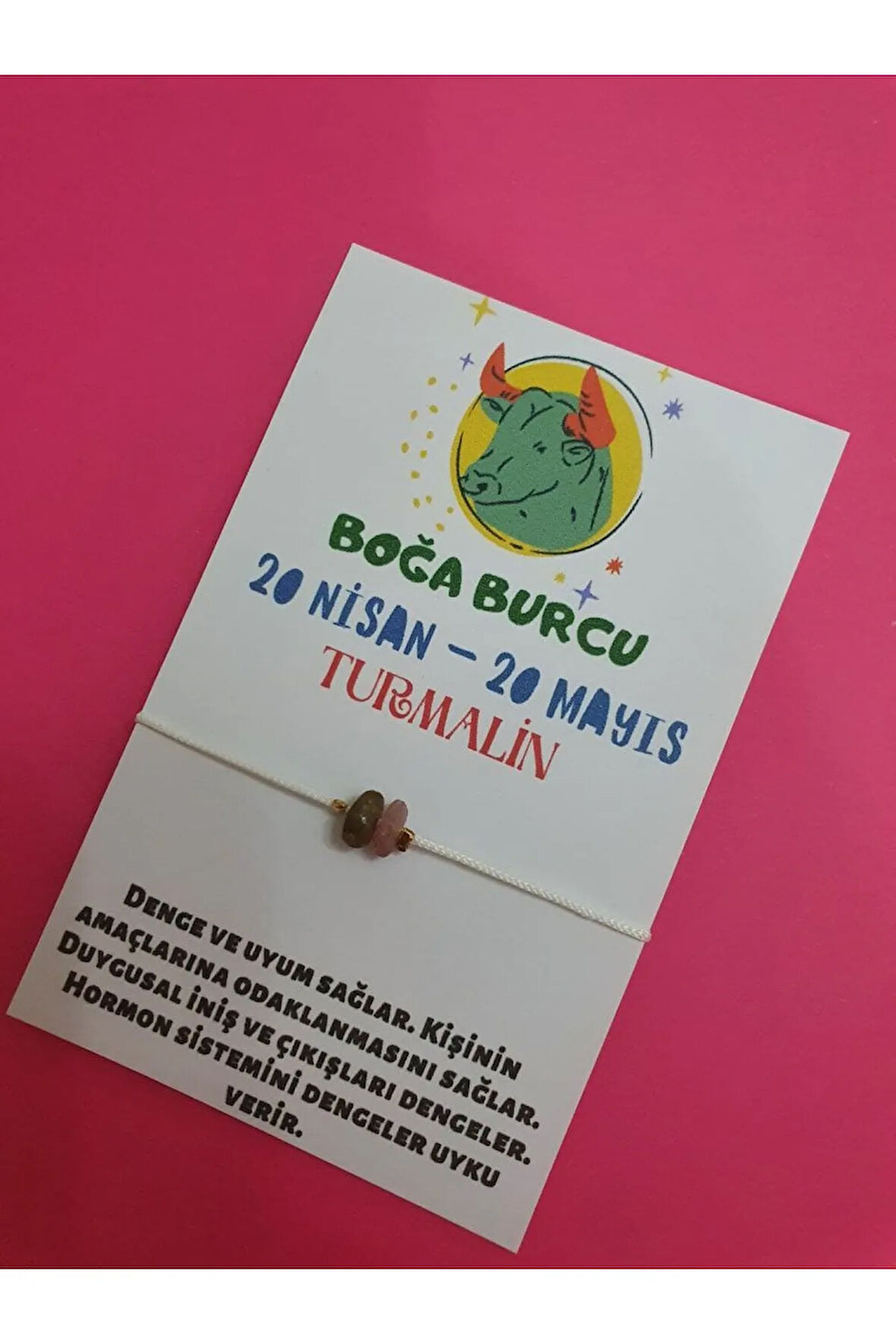 Unisex Boğa Burcu Turmalin Doğal Taşlı İp Burç Bilekliği