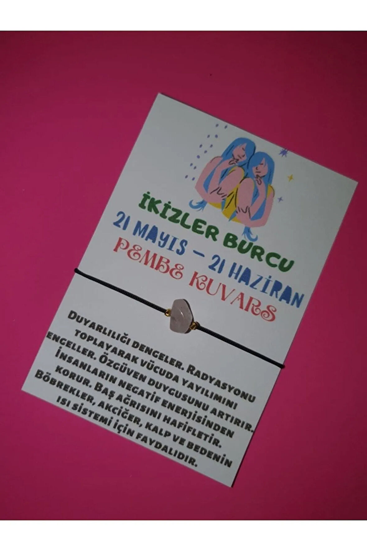 İkizler Burcu Pembe Kuvars Doğal Taşlı İp Burç Bilekliği
