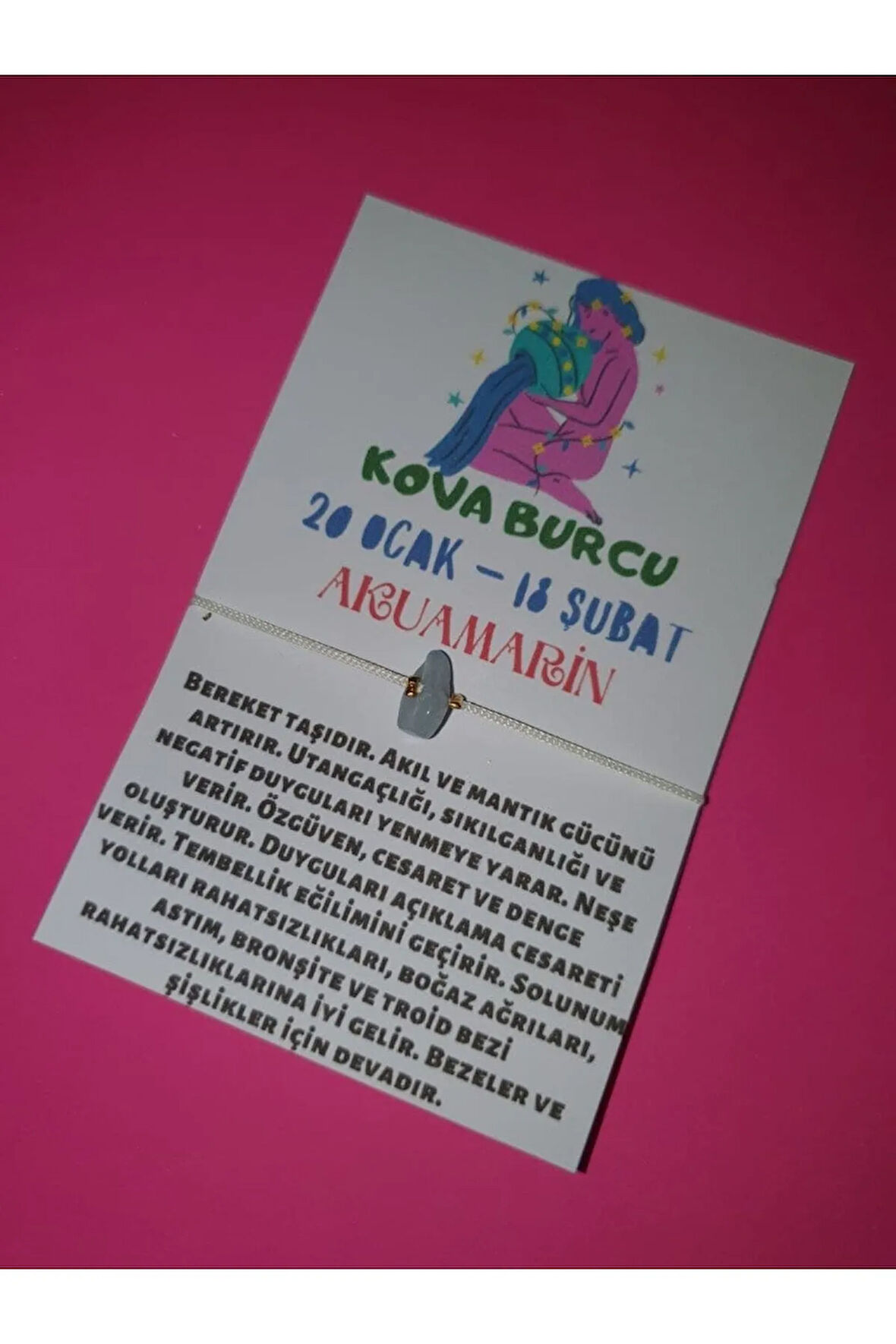 Kova Burcu Akuamarin Doğal Taşlı İp Burç Bilekliği