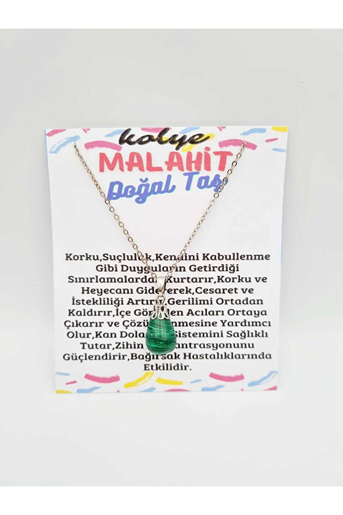 Malahit Doğal Taş Kolye Damla Kesim Zincir Hediyeli
