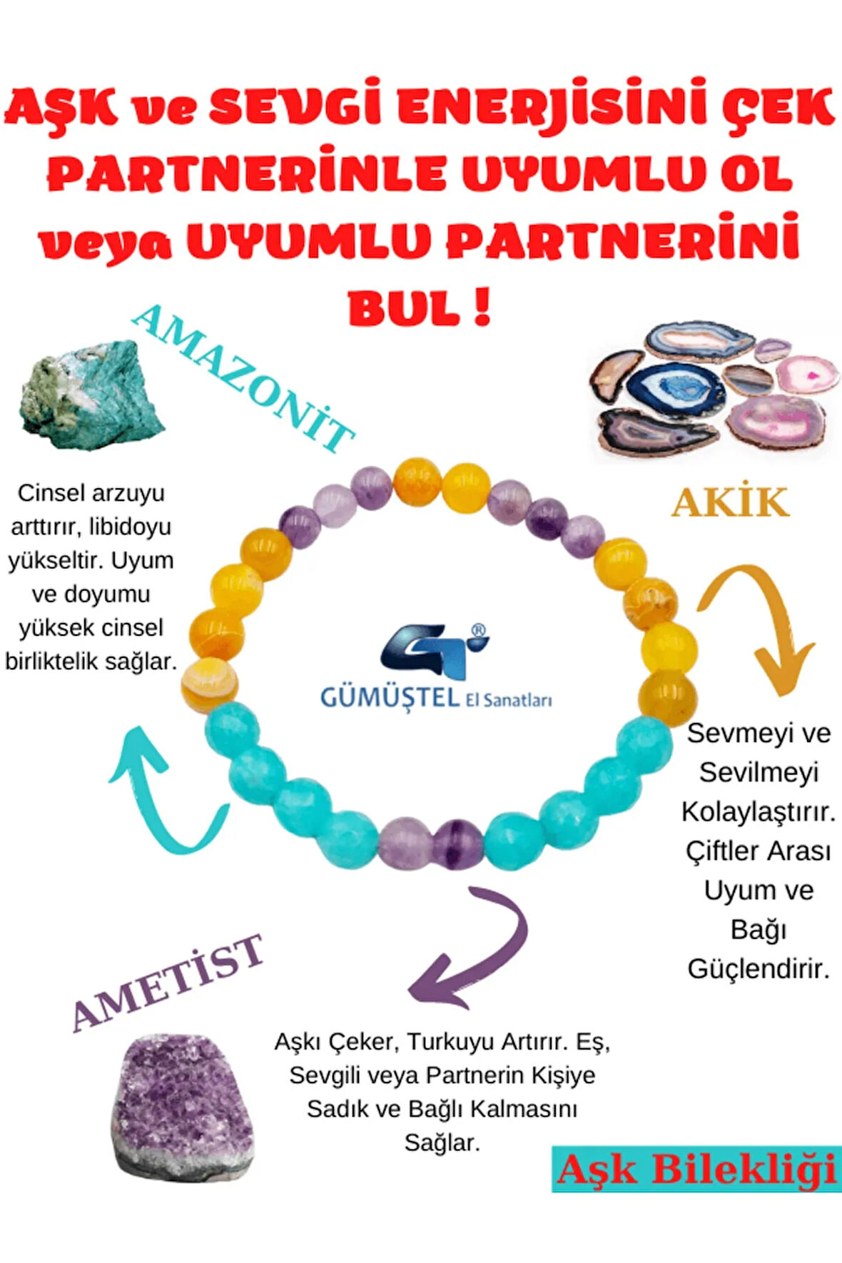 AŞK,SEVGİ,ÇİFTLER ARASI UYUM Doğal Taş Bilekliği Amazonit, Akik ve Ametist Doğaltaş Bileklik