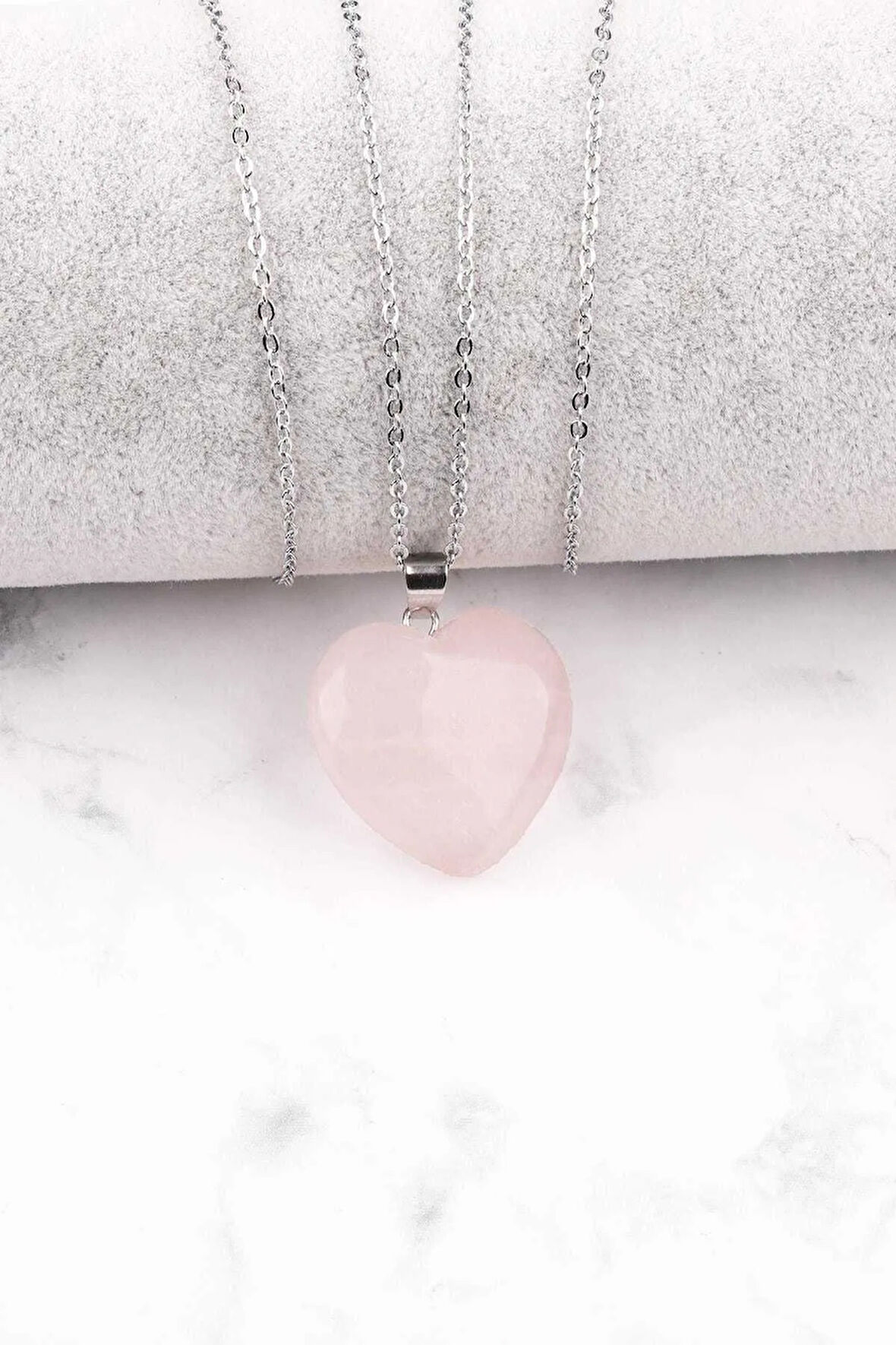 Pembe Kuvars Doğal Taş Kalp Kolye Sürpriz