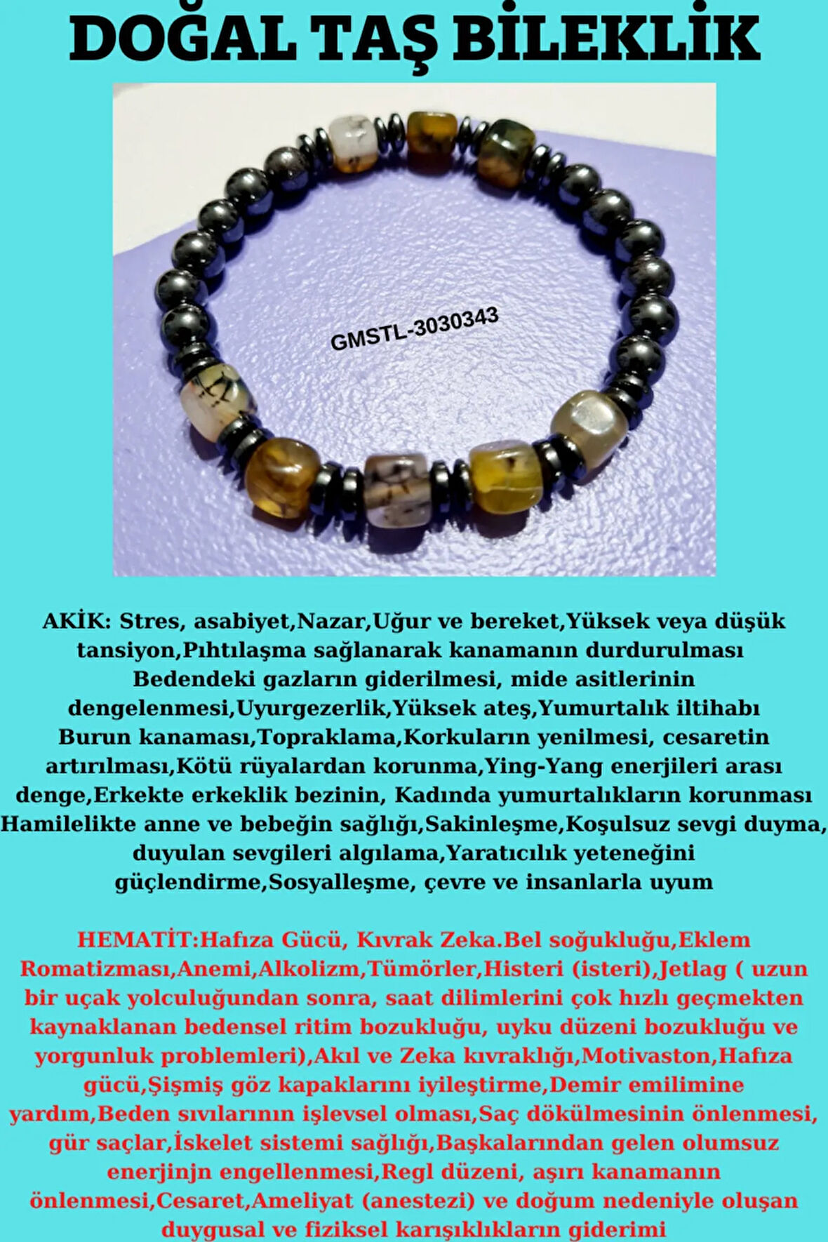 Orijinal Doğal Taş Bileklik Akik Hematit Sürpriz Hediyeli