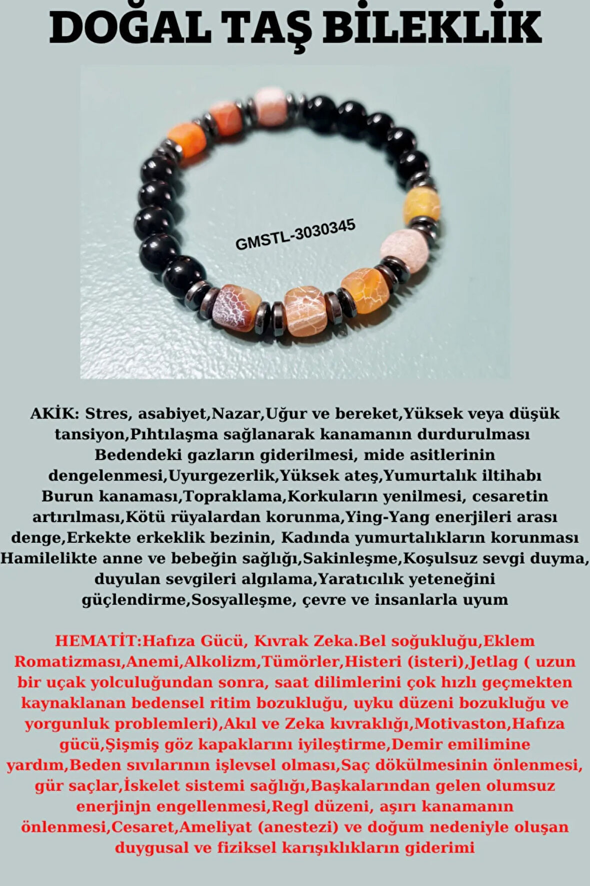 Orijinal Doğal Taş Bileklik Akik Hematit Sürpriz Hediyeli