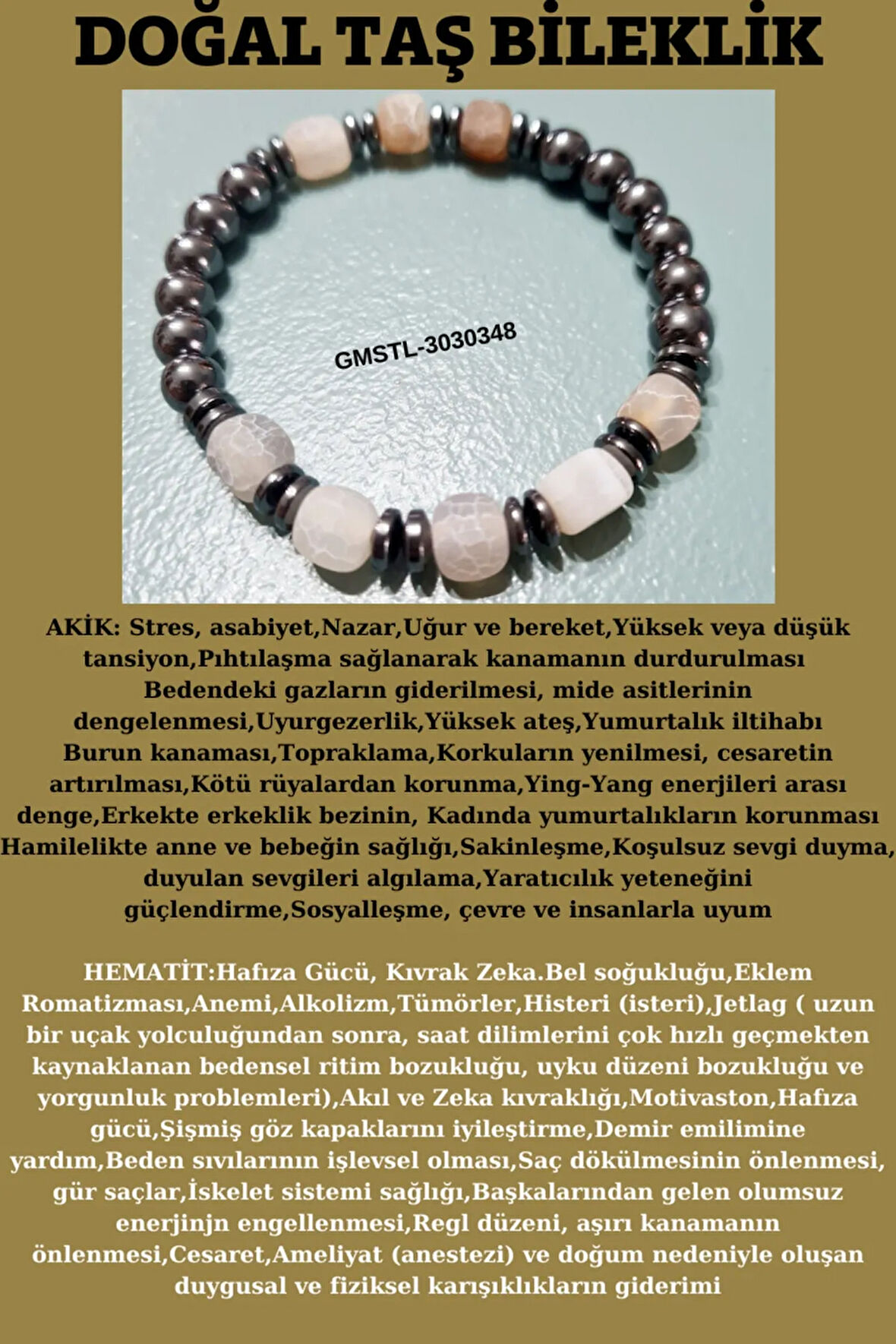 Orijinal Doğal Taş Bileklik Akik Hematit Sürpriz Hediyeli