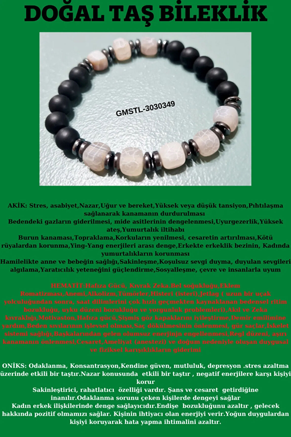 Orijinal Doğal Taş Bileklik Akik Hematit Oniks Sürpriz Hediyeli