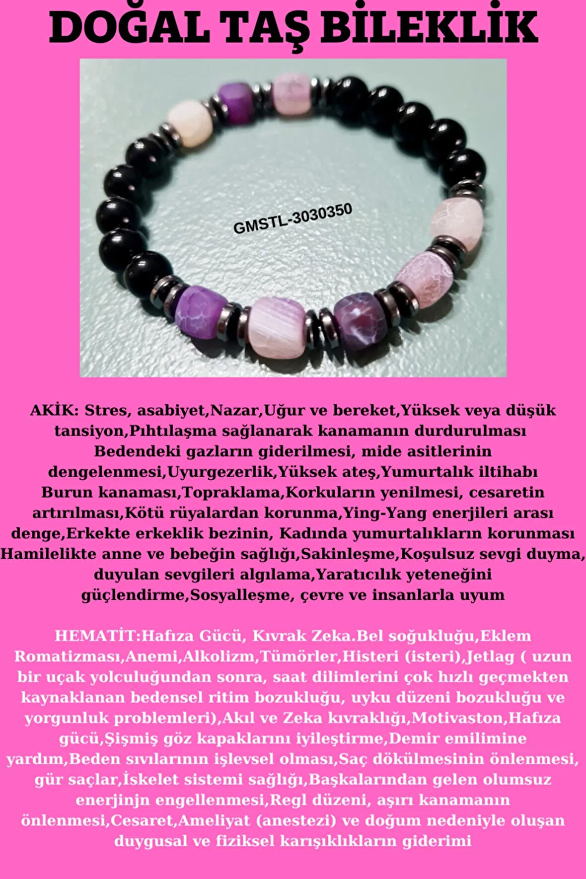 Orijinal Doğal Taş Bileklik Akik Hematit Sürpriz Hediyeli