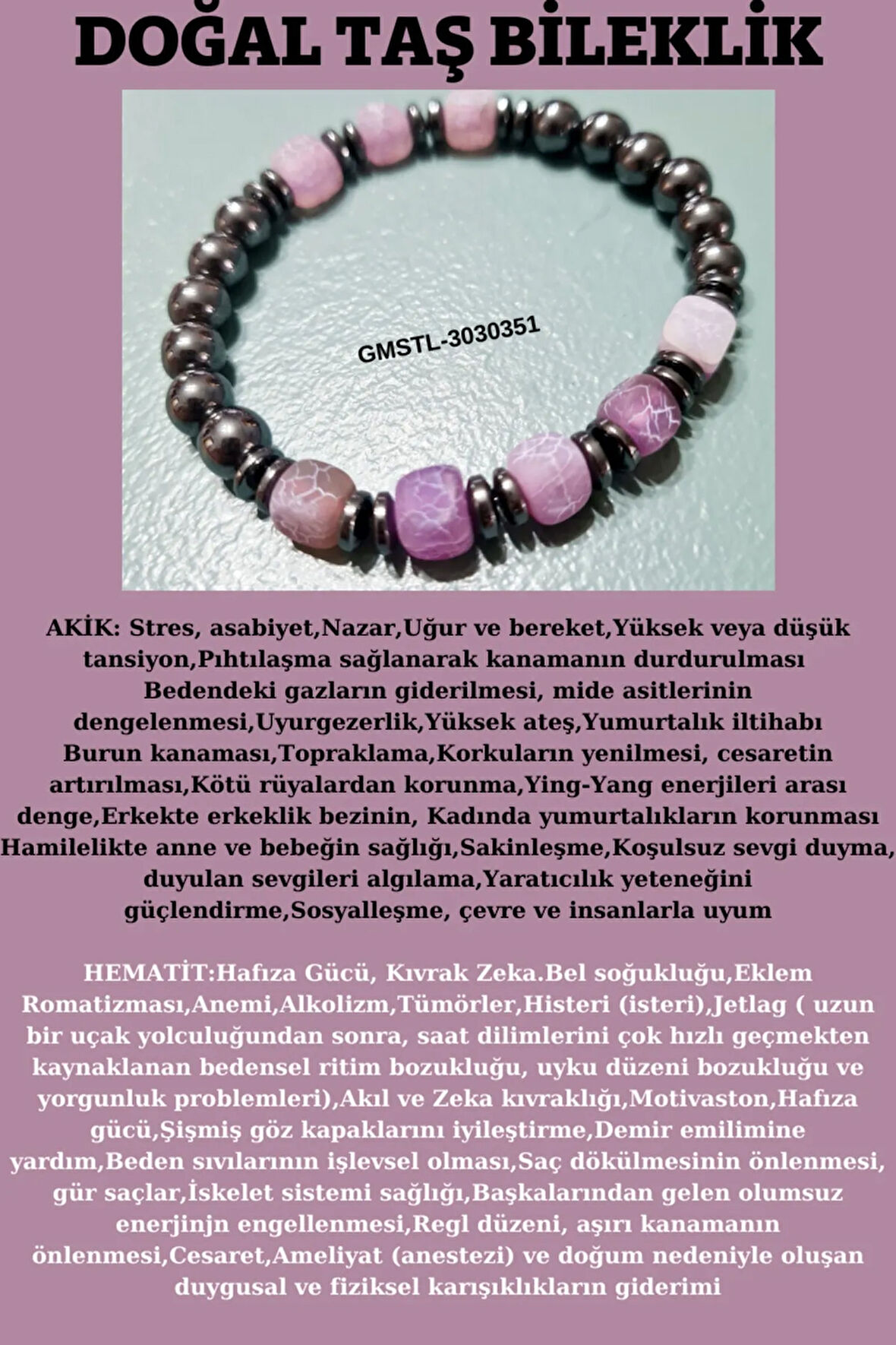 Orijinal Doğal Taş Bileklik Akik Hematit Sürpriz Hediyeli