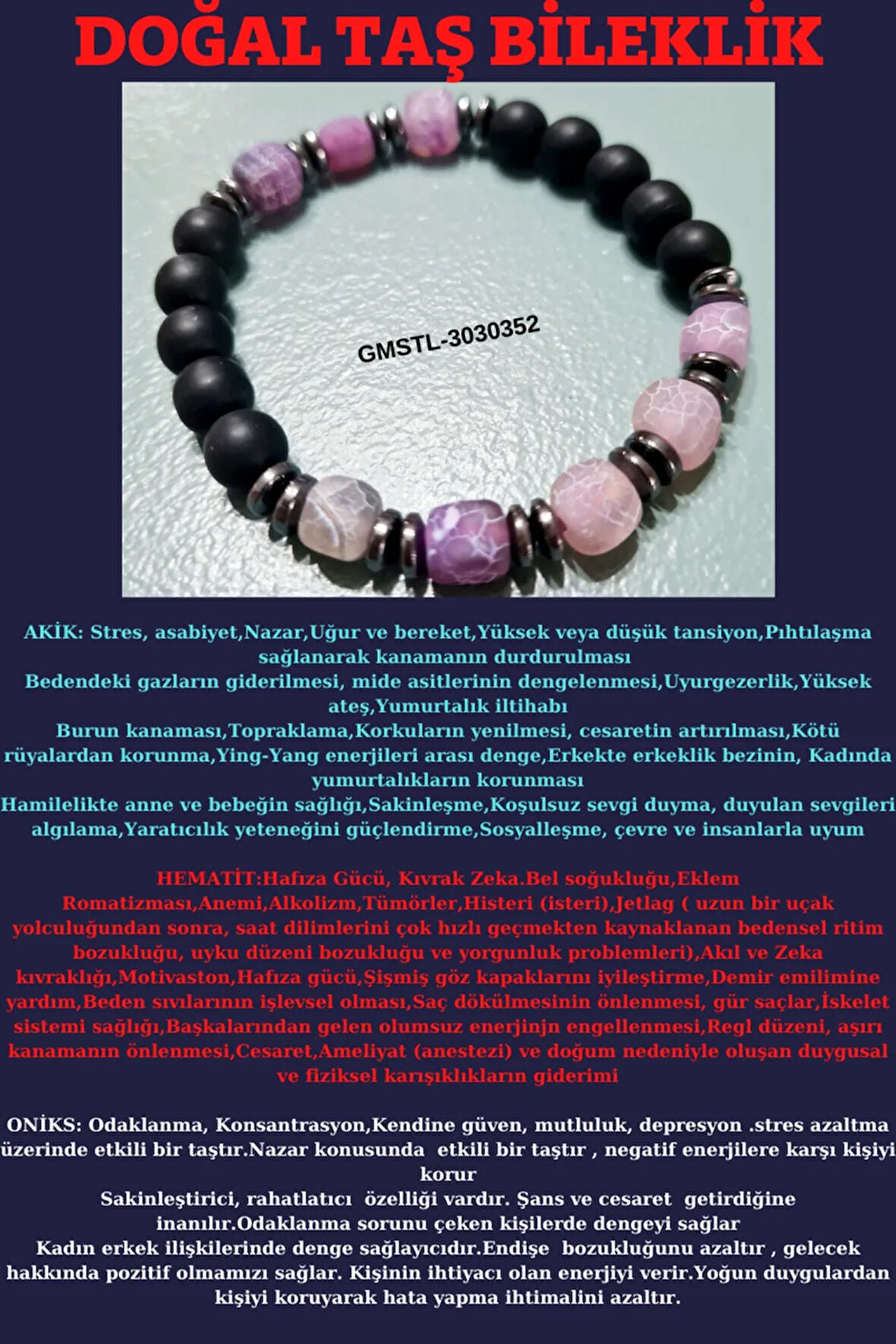 Orijinal Doğal Taş Bileklik Akik Hematit Oniks Sürpriz Hediyeli