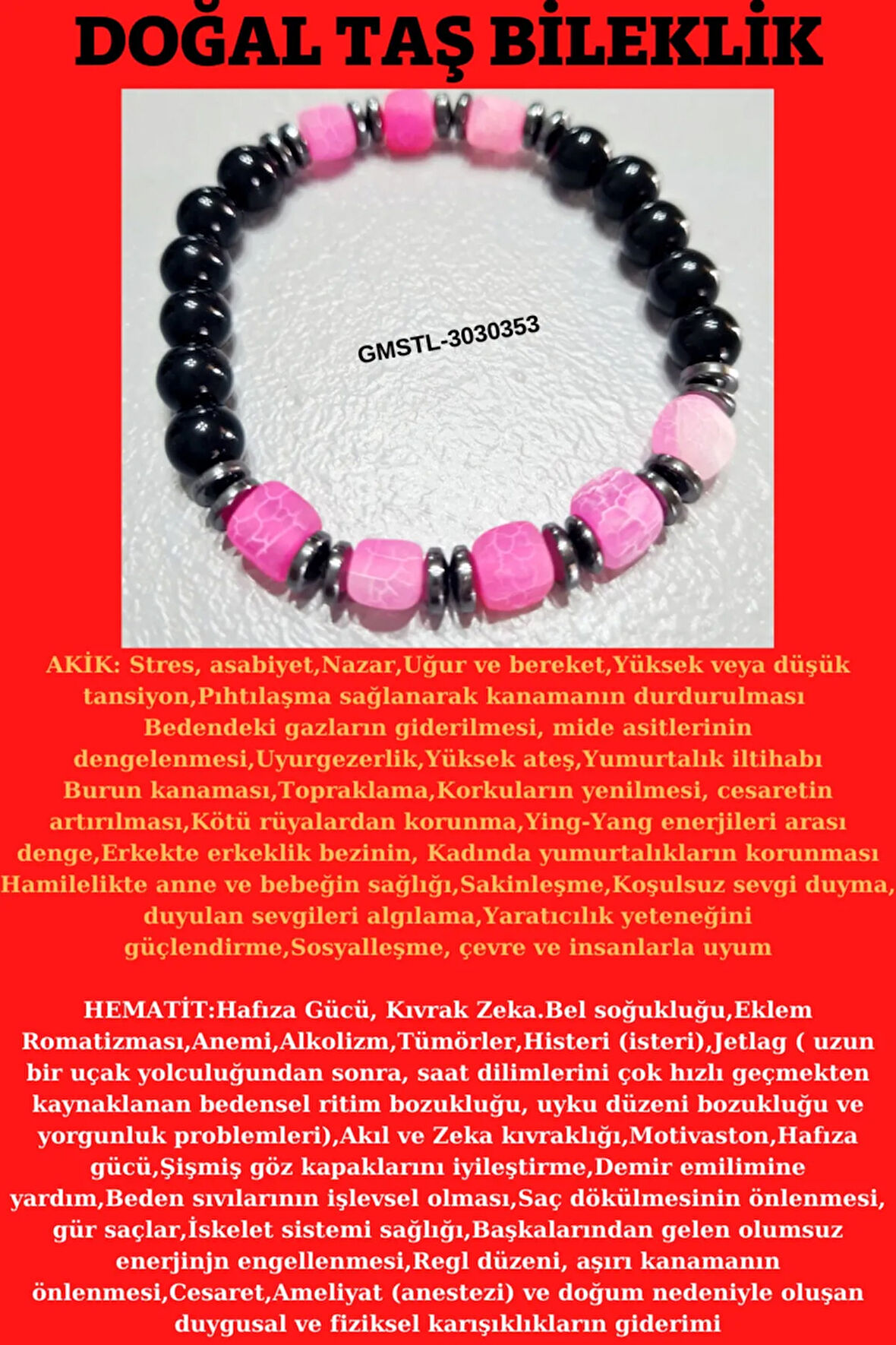 Orijinal Doğal Taş Bileklik Akik Hematit Sürpriz Hediyeli