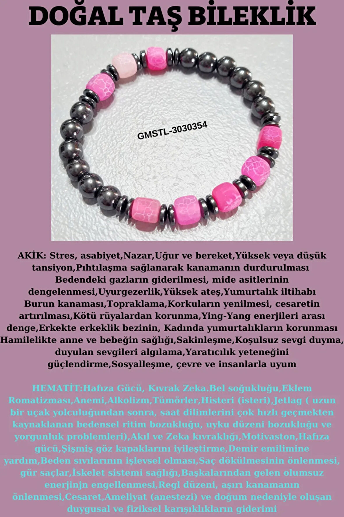 Orijinal Doğal Taş Bileklik Akik Hematit Sürpriz Hediyeli