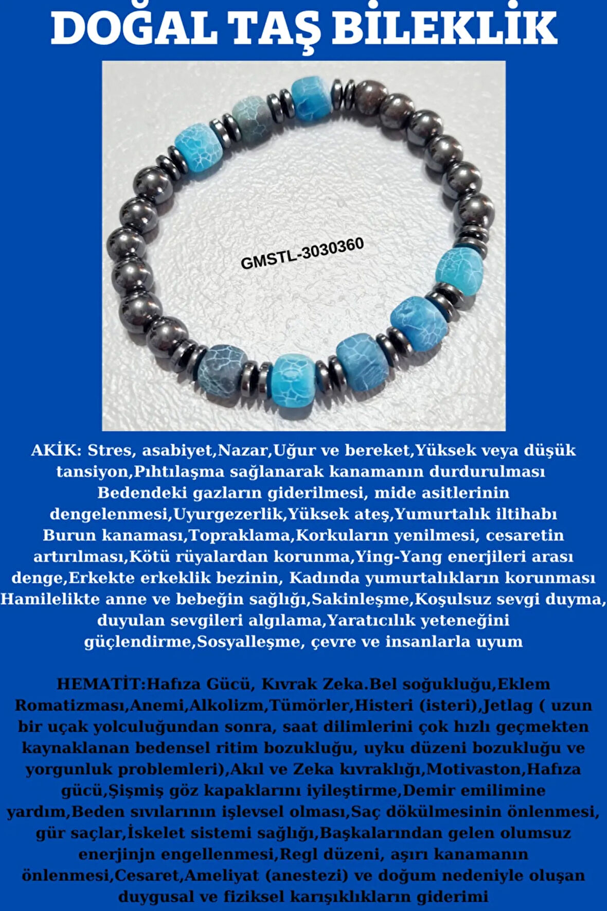 Orijinal Doğal Taş Bileklik Akik Hematit Sürpriz Hediyeli