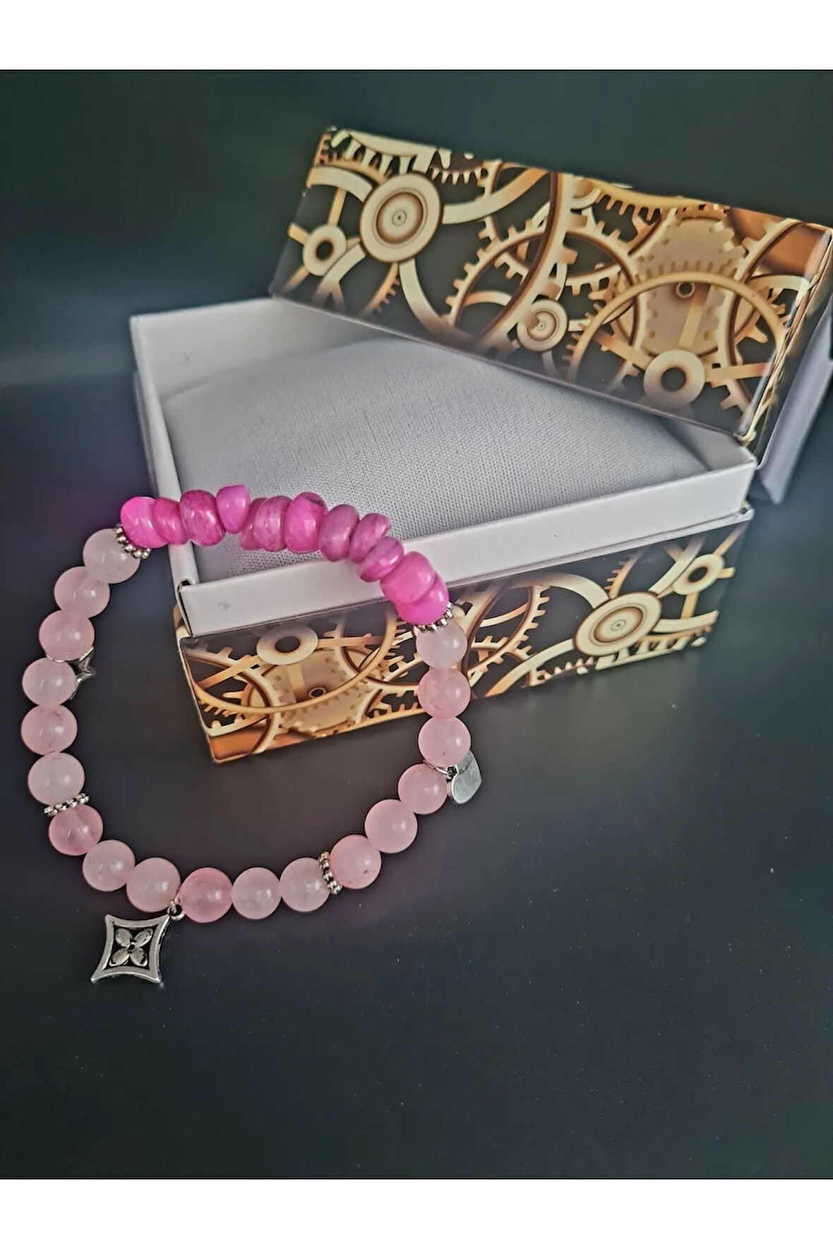 Doğal Taş Bileklik Özel Tasarım Pembe Kuvars Sedef Doğal Taş