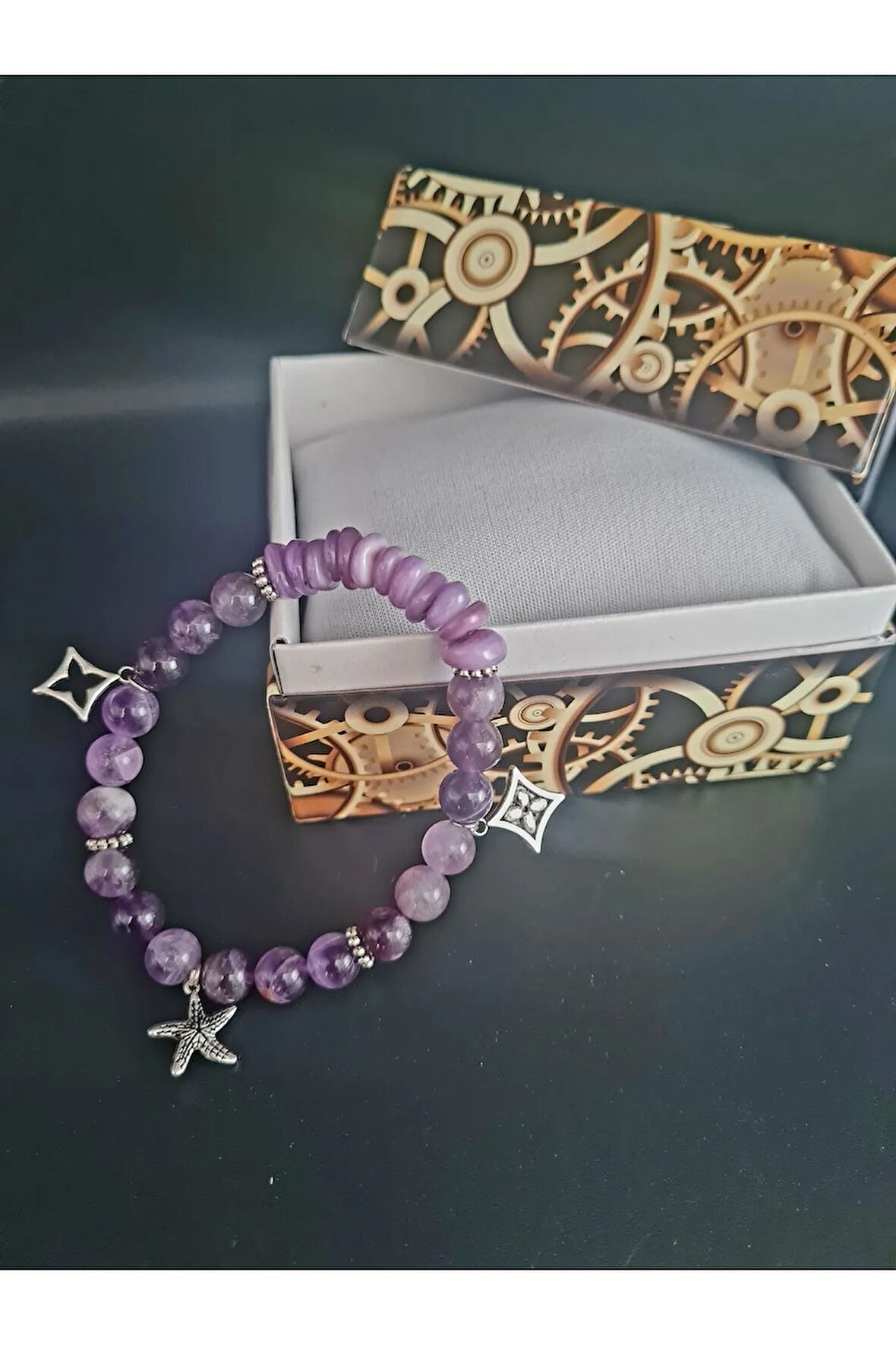 Doğal Taş Bileklik Özel Tasarım Ametist Sedef Doğal Taş