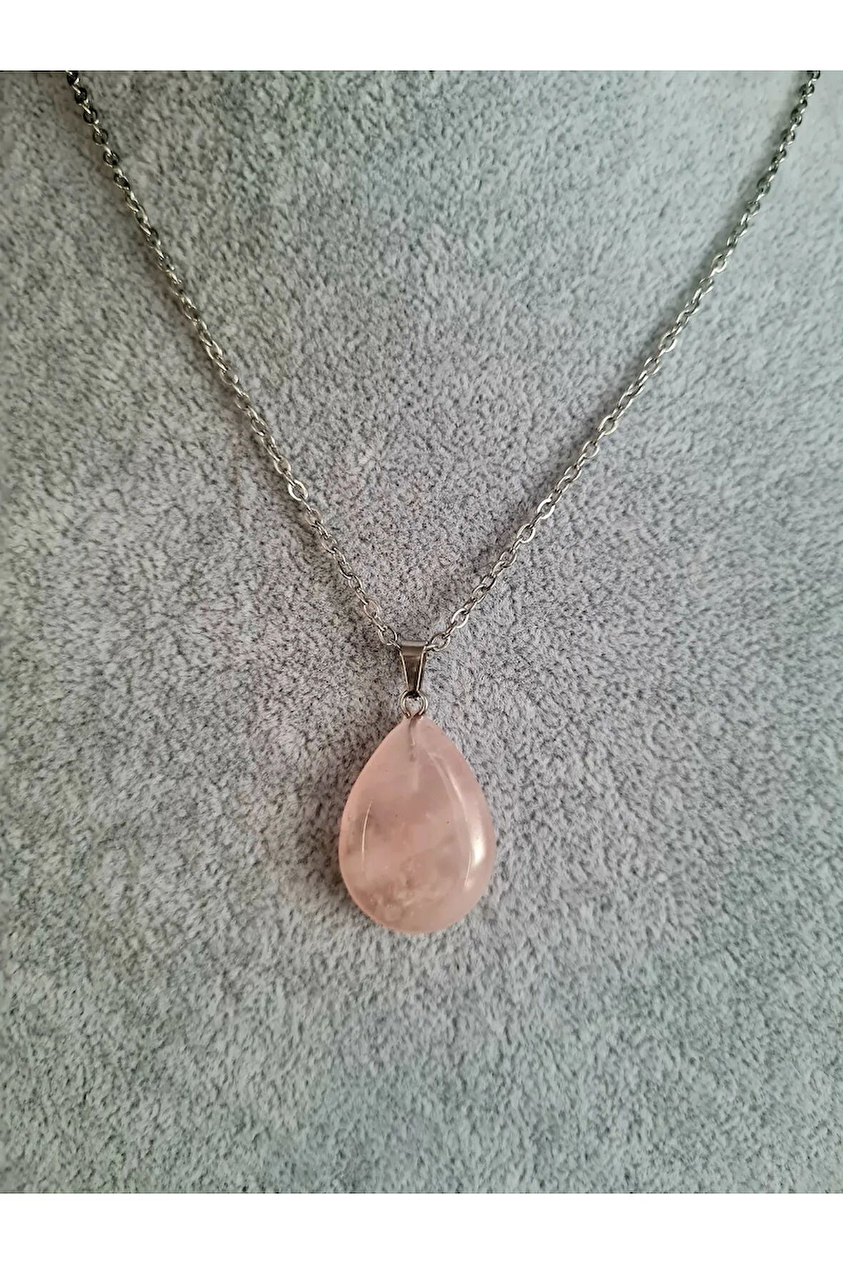 Pembe Kuvars Doğal Taş Damla Kesim Kolye