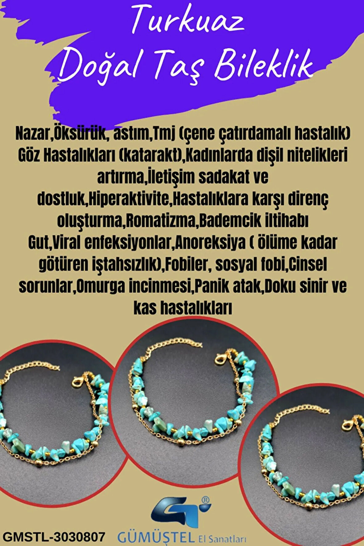 Sertifikalı Turkuaz Doğal Taş Bileklik Özel Tasarım
