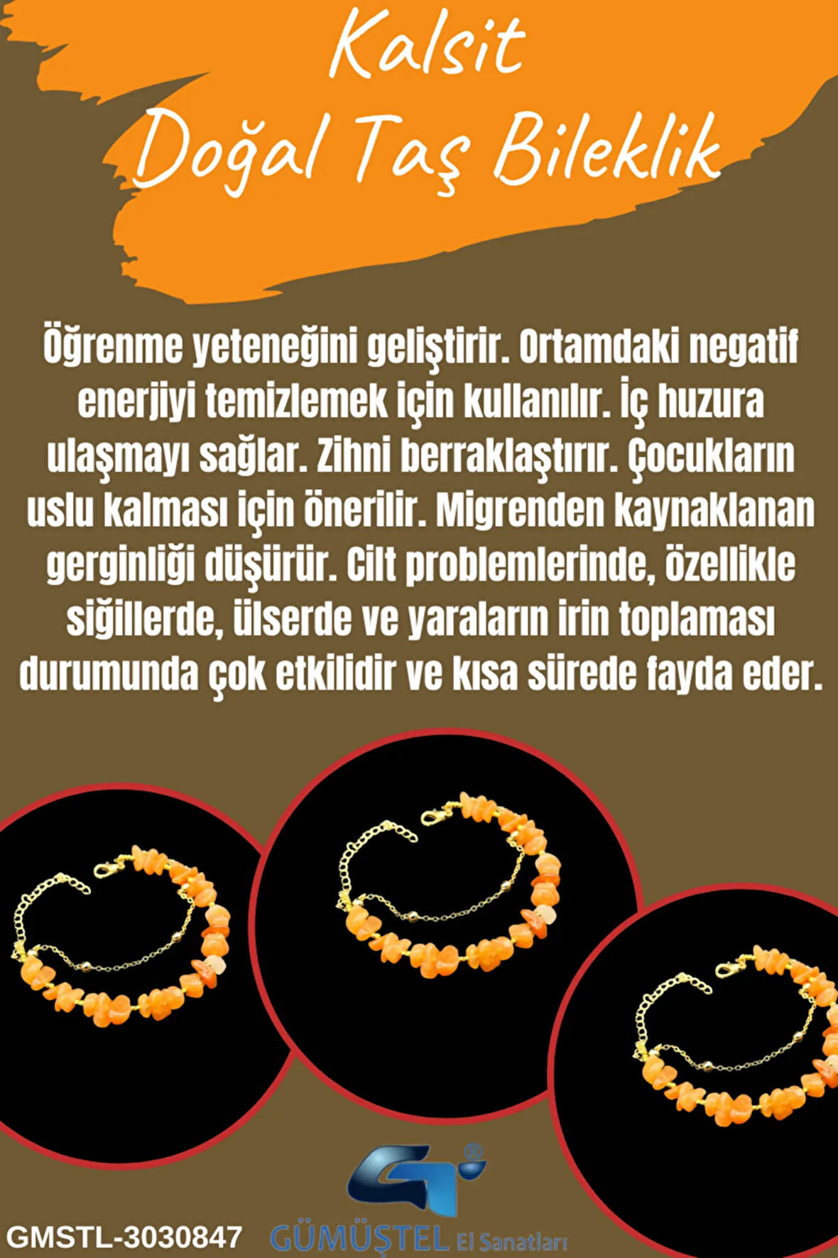 Sertifikalı Kalsit Doğal Taş Bileklik Özel Tasarım