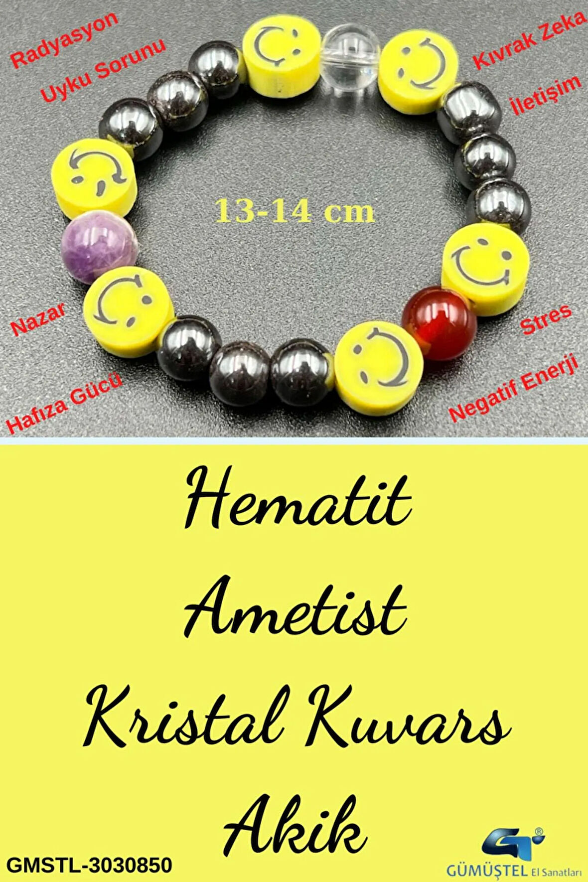 Unisex Doğal Taş Çocuk Bilekliği Ametist Hematit Kristal Kuvars Akik