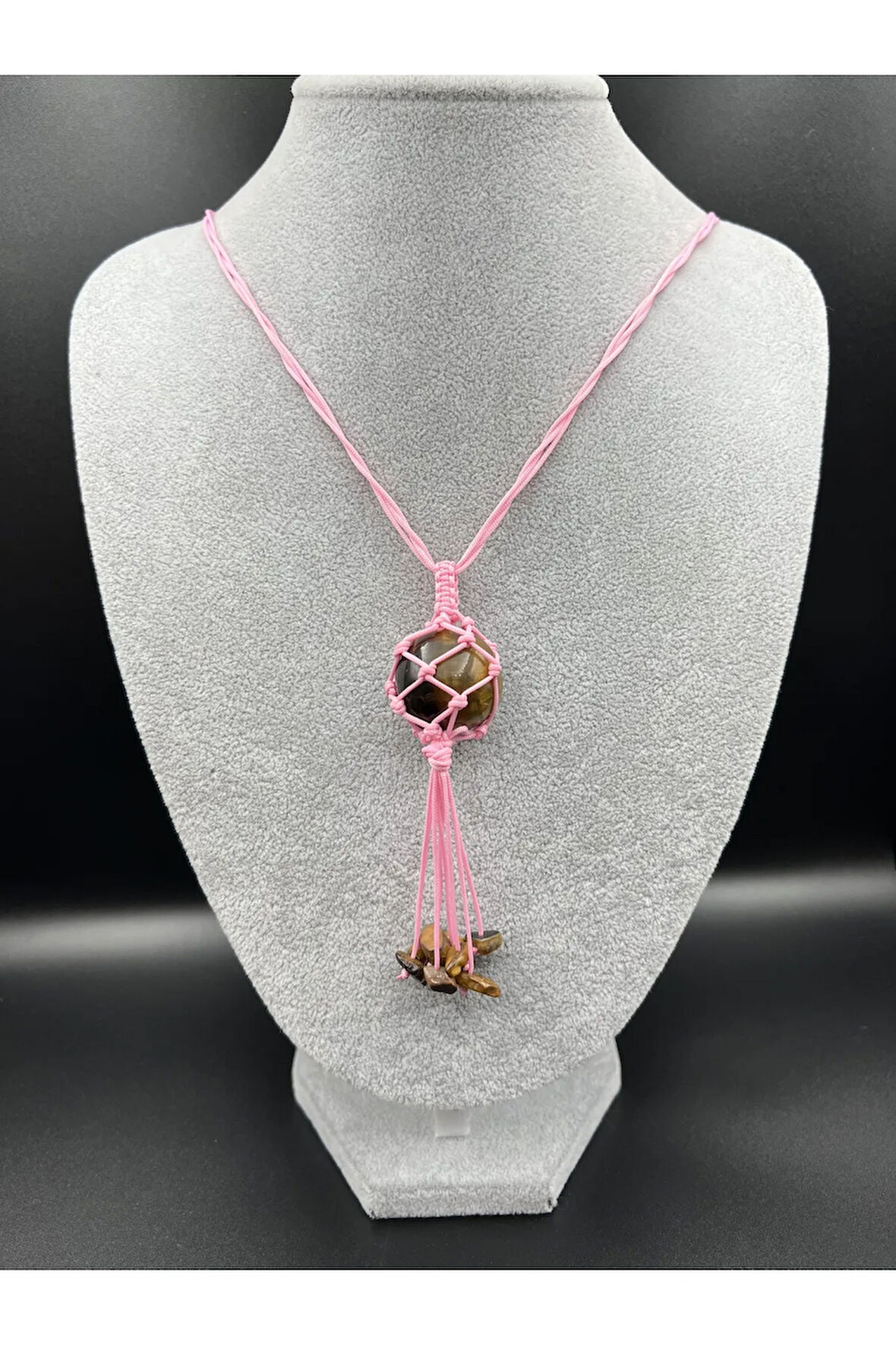 Kaplan Gözü Doğal Taş Tasarım Kolye El yapımı Örgü Model AAA Kalite