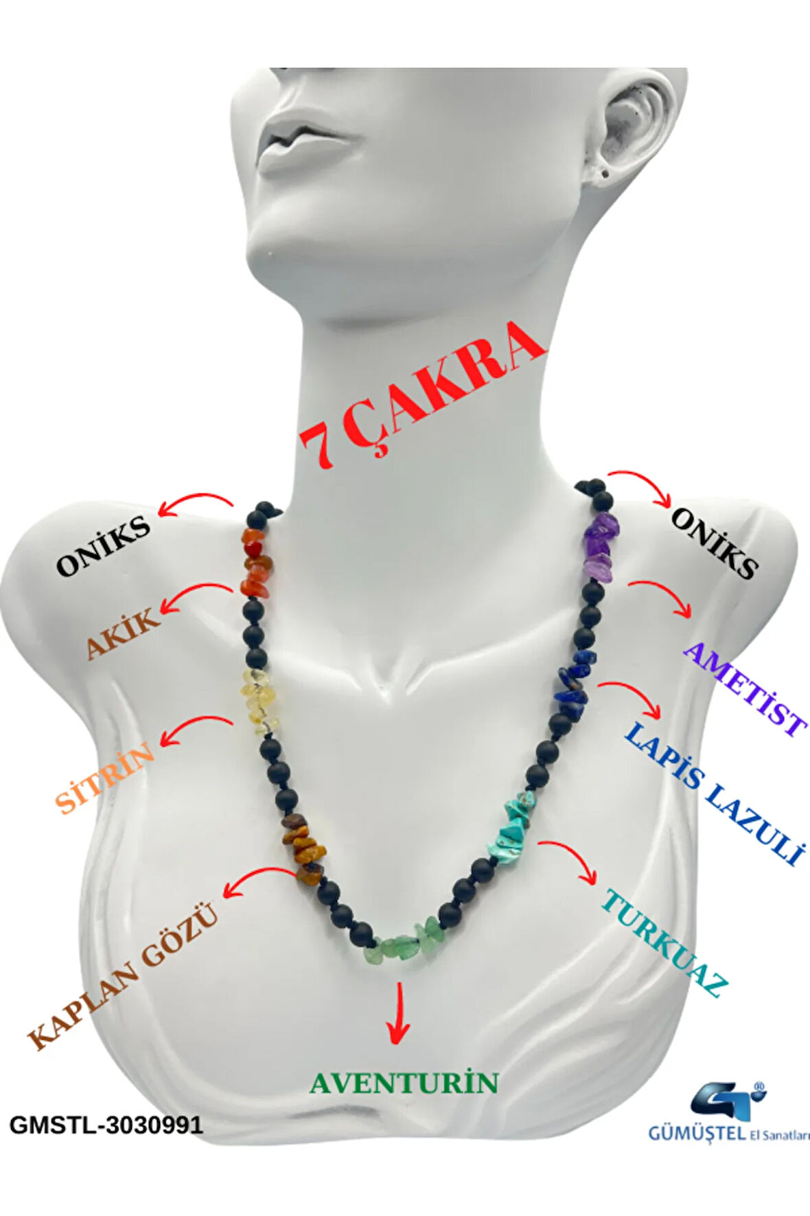Doğal Taş 7 Çakra Oniks Taşı Tasarım Kolye