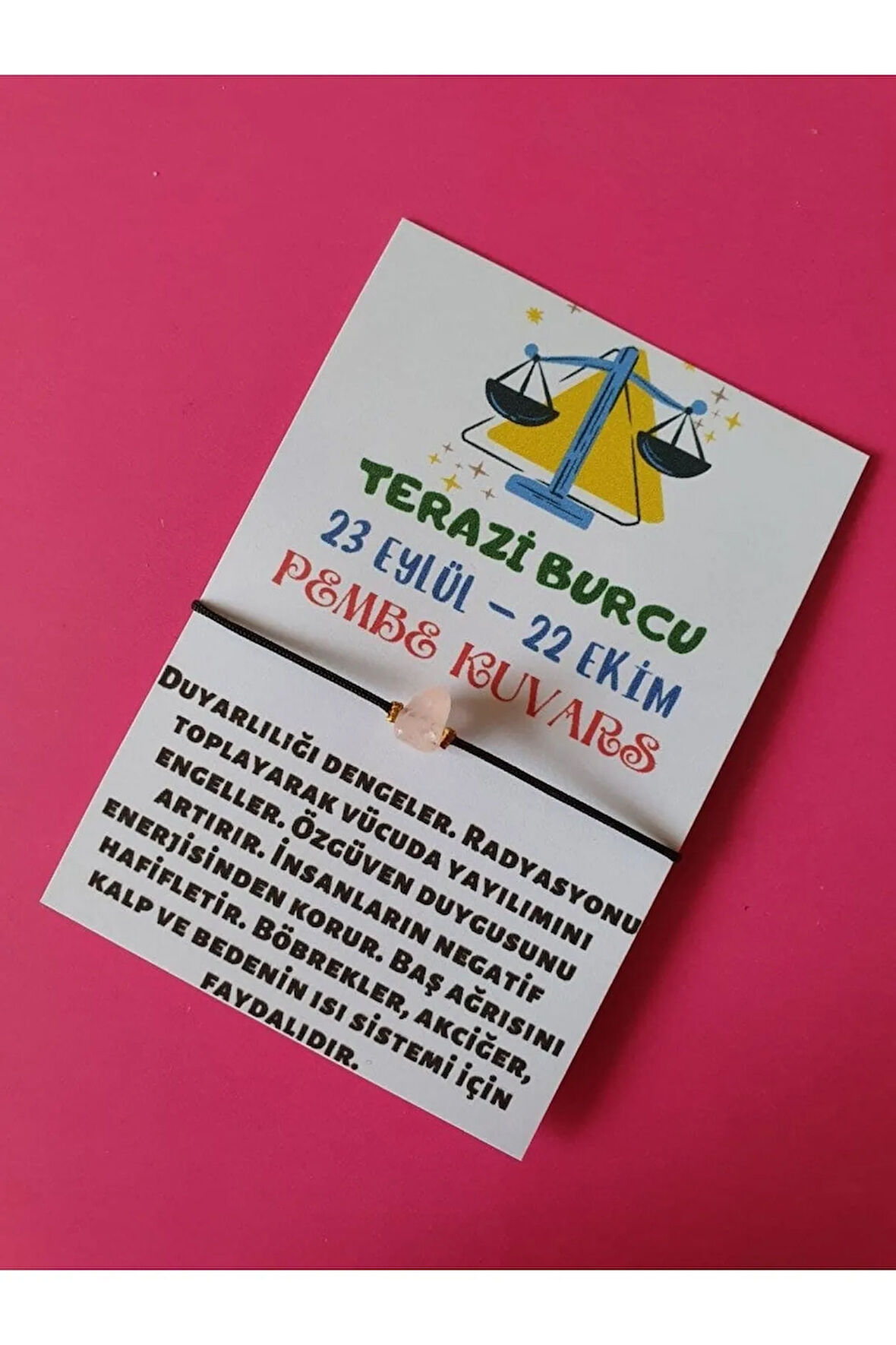 Terazi Burcu Pembe Kuvars Doğal Taşlı İp Burç Bilekliği