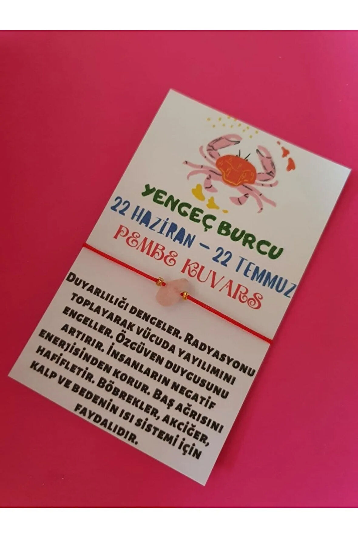 Yengeç Burcu Pembe Kuvars Doğal Taşlı İp Burç Bilekliği