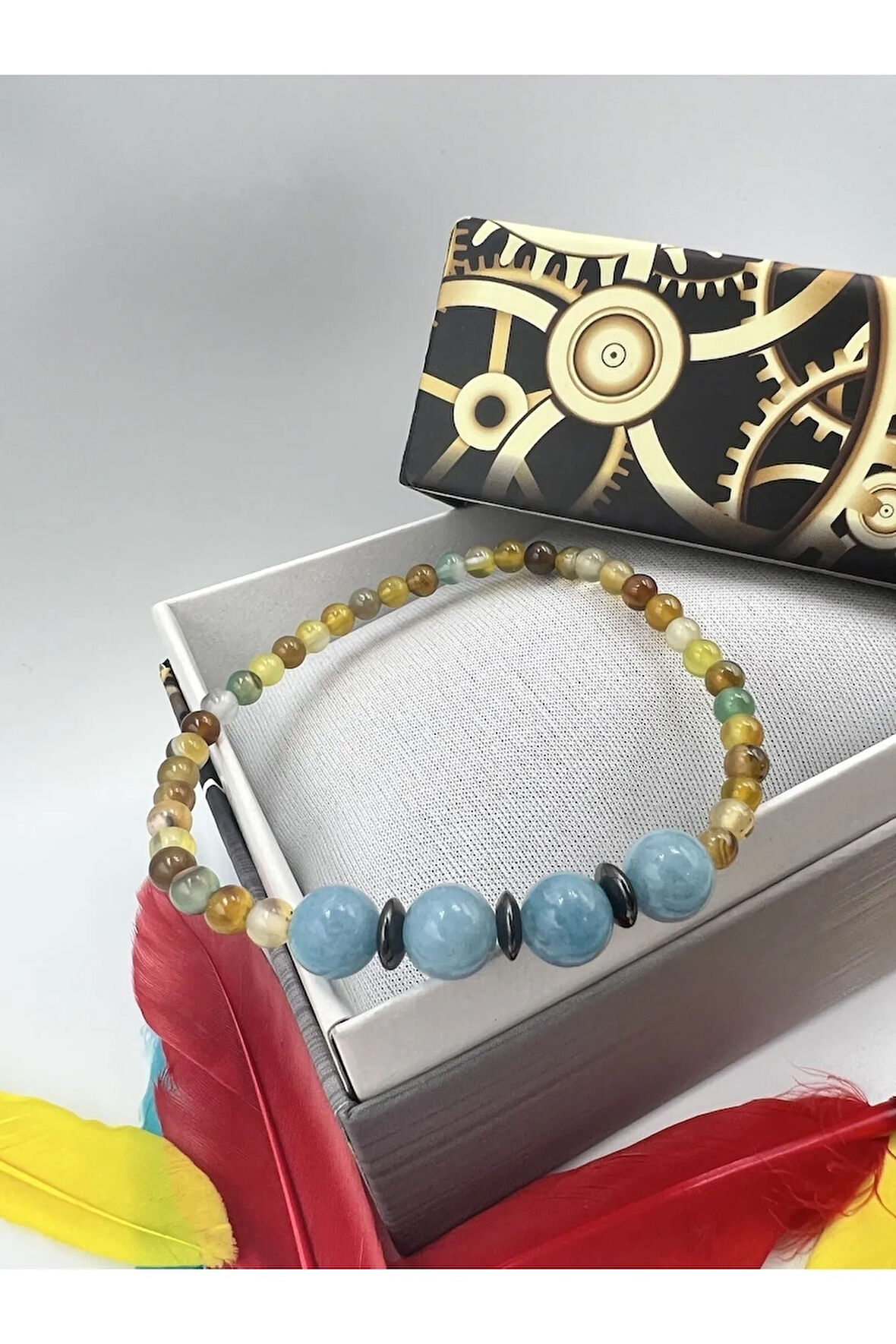 Doğal Taş Akuamarin Akik Hematit Doğal Taş Bileklik 4&8 mm