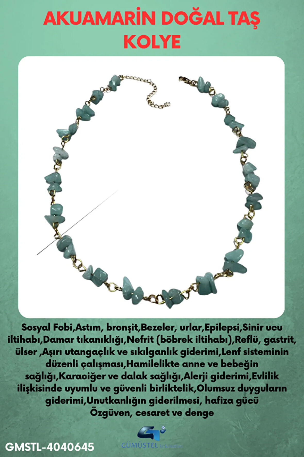 Akuamarin Doğal Taş Özel Tasarım Kolye