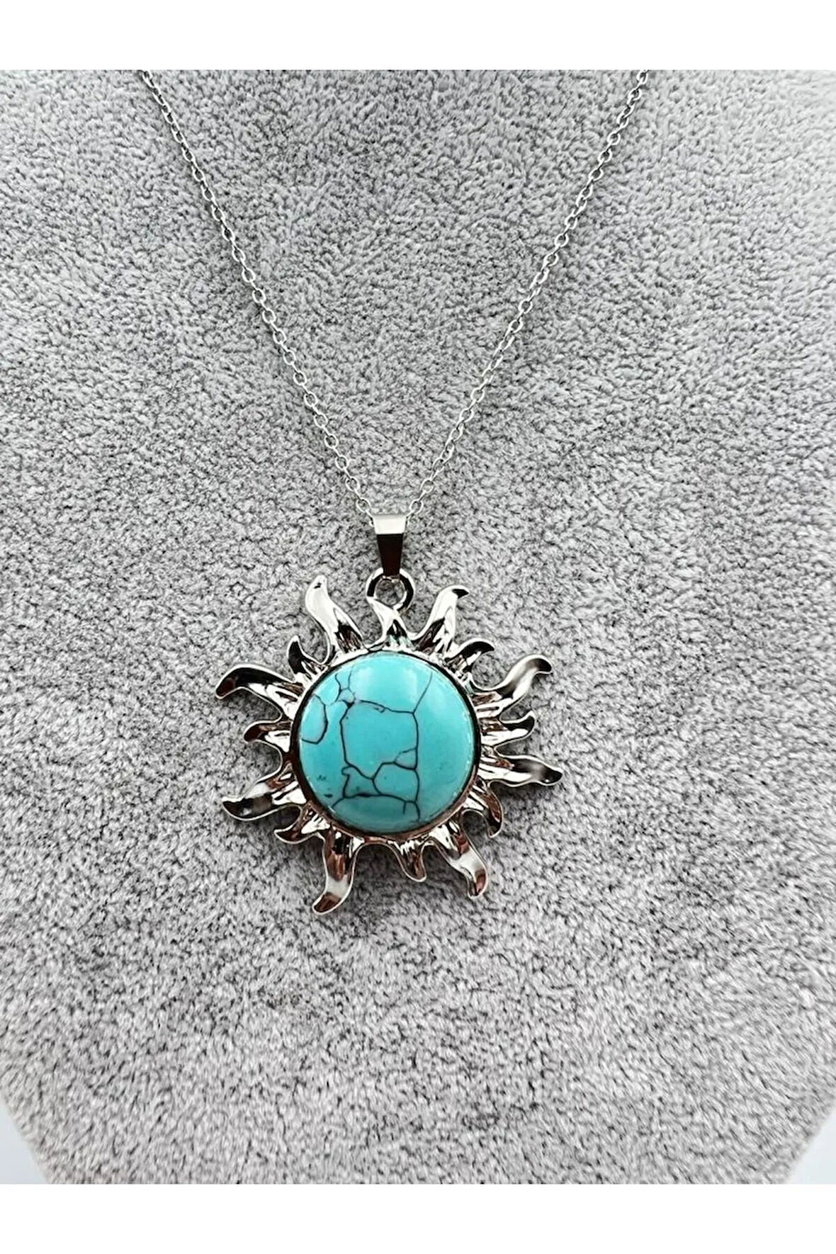 Turkuaz Doğal Taş Kolye Güneş Detaylı Sürpriz Hediyeli