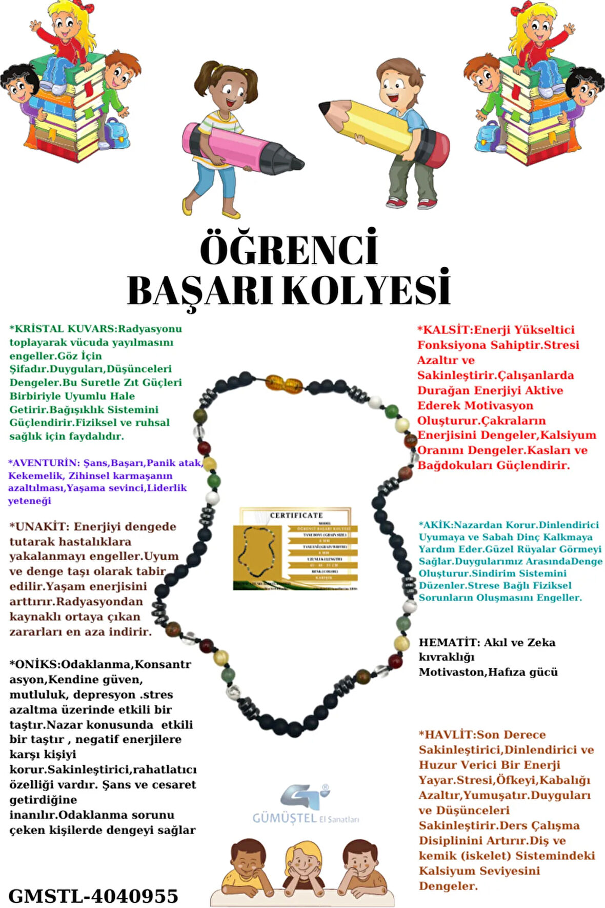 Öğrenci Başarı Kolyesi Oniks,hematit,unakit, Kristal Kuvars,akik,kalsit,aventurin,havlit Kolye