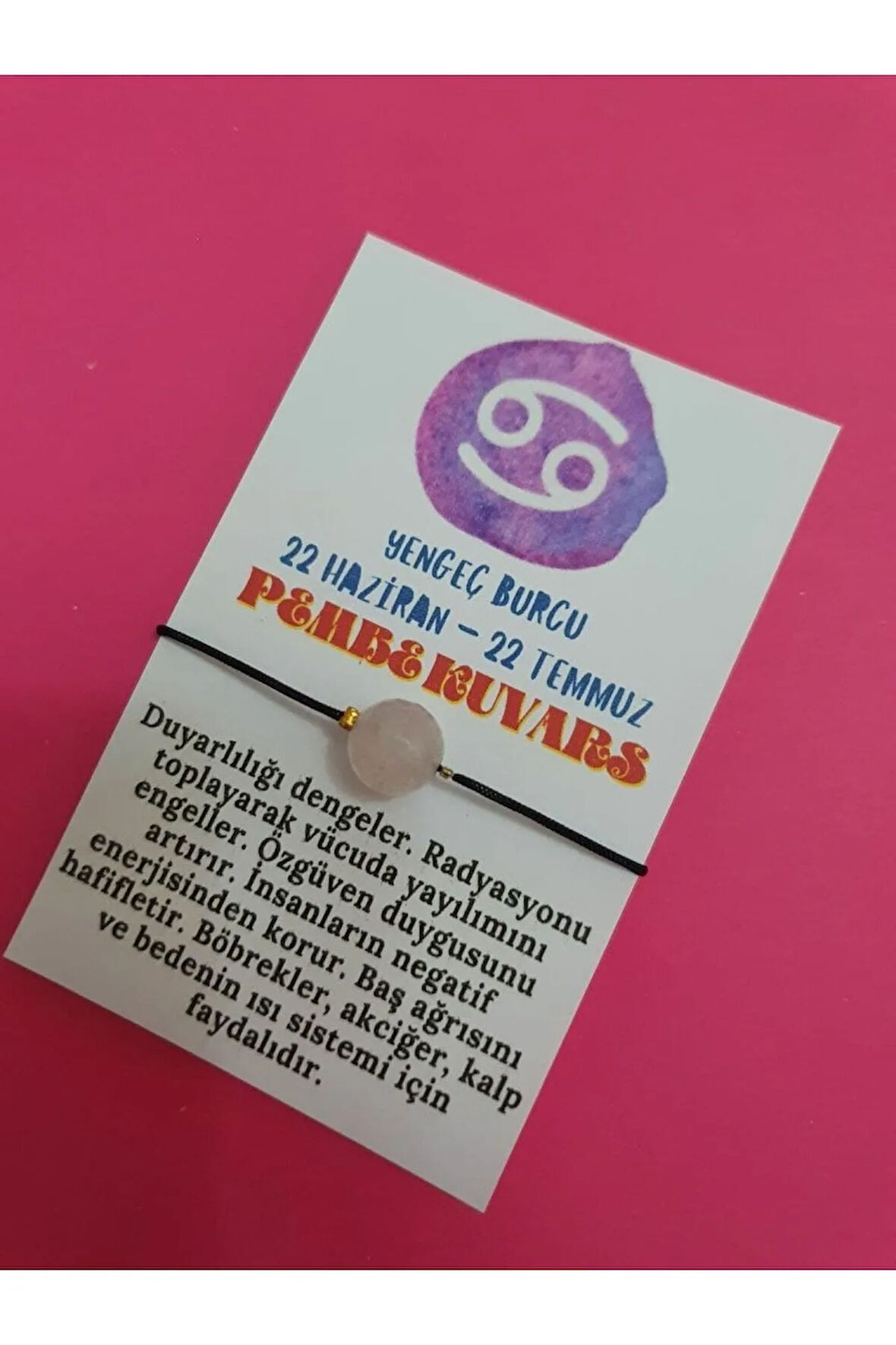 Yengeç Burcu Pembe Kuvars Doğal Taş İp Burç Bilekliği
