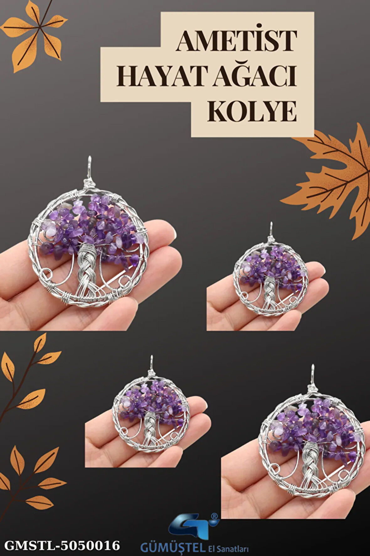 Sertifikalı Doğal Taş Ametist Hayat Ağacı Tasarım Kolye Hediyeli 5x5 Cm