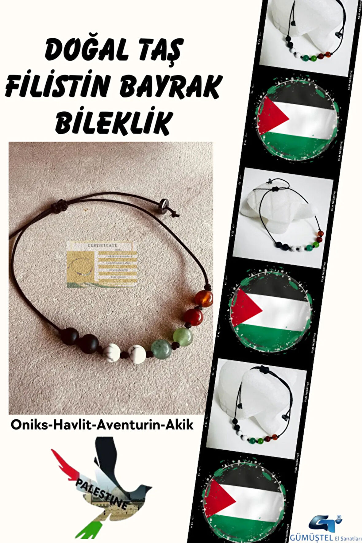 Sertifikalı Doğal Taş Filistin Bayrak Bileklik AAA Kalite Sürpriz Hediyeli