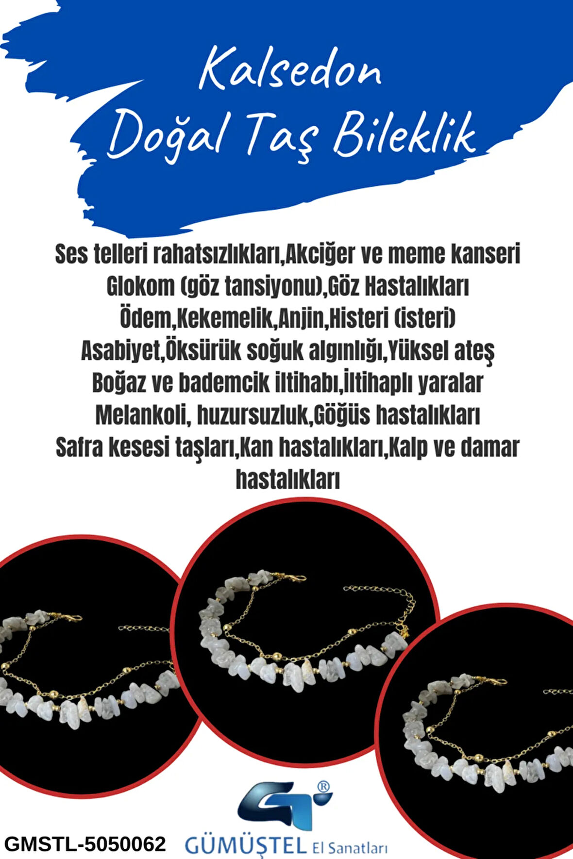 Sertifikalı Kalsedon Doğal Taş Bileklik Özel Tasarım